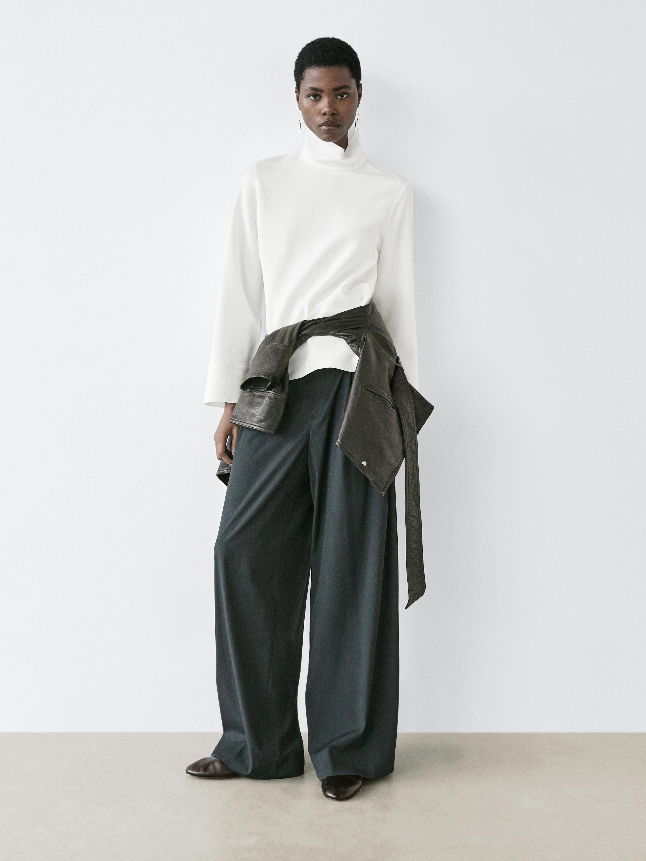 High neck blouse with hem detail — WHITE