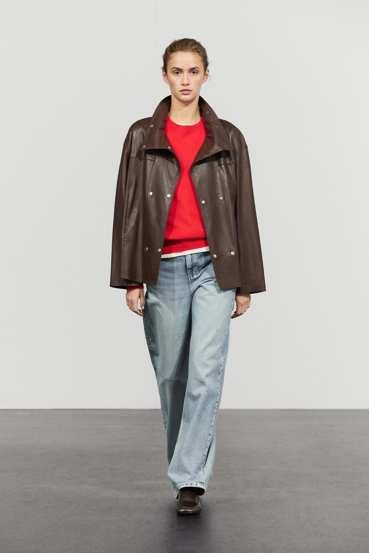 Nappa leather button-placket jacket — BROWN