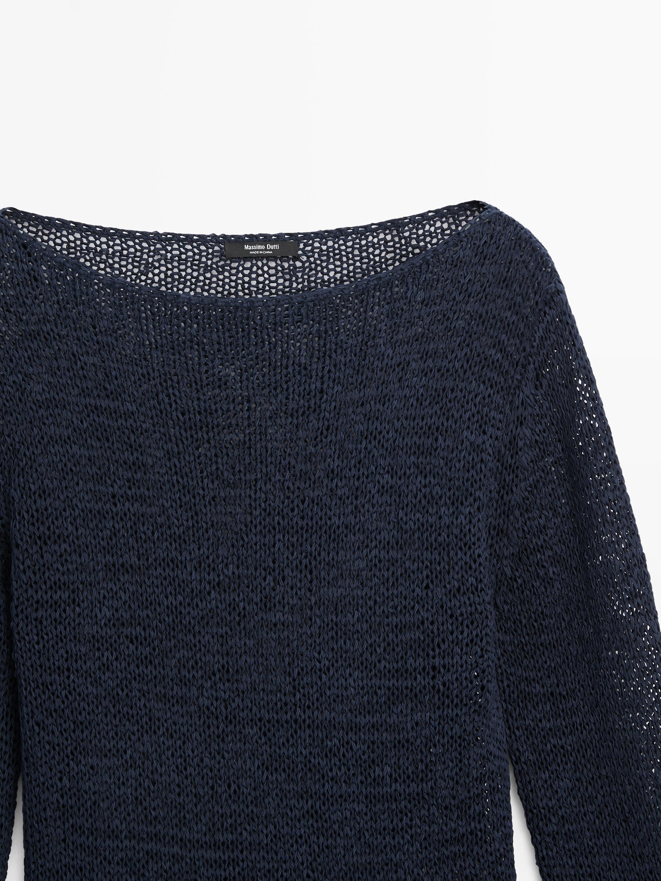 Cotton blend knit boat neck sweater — Dark Blue