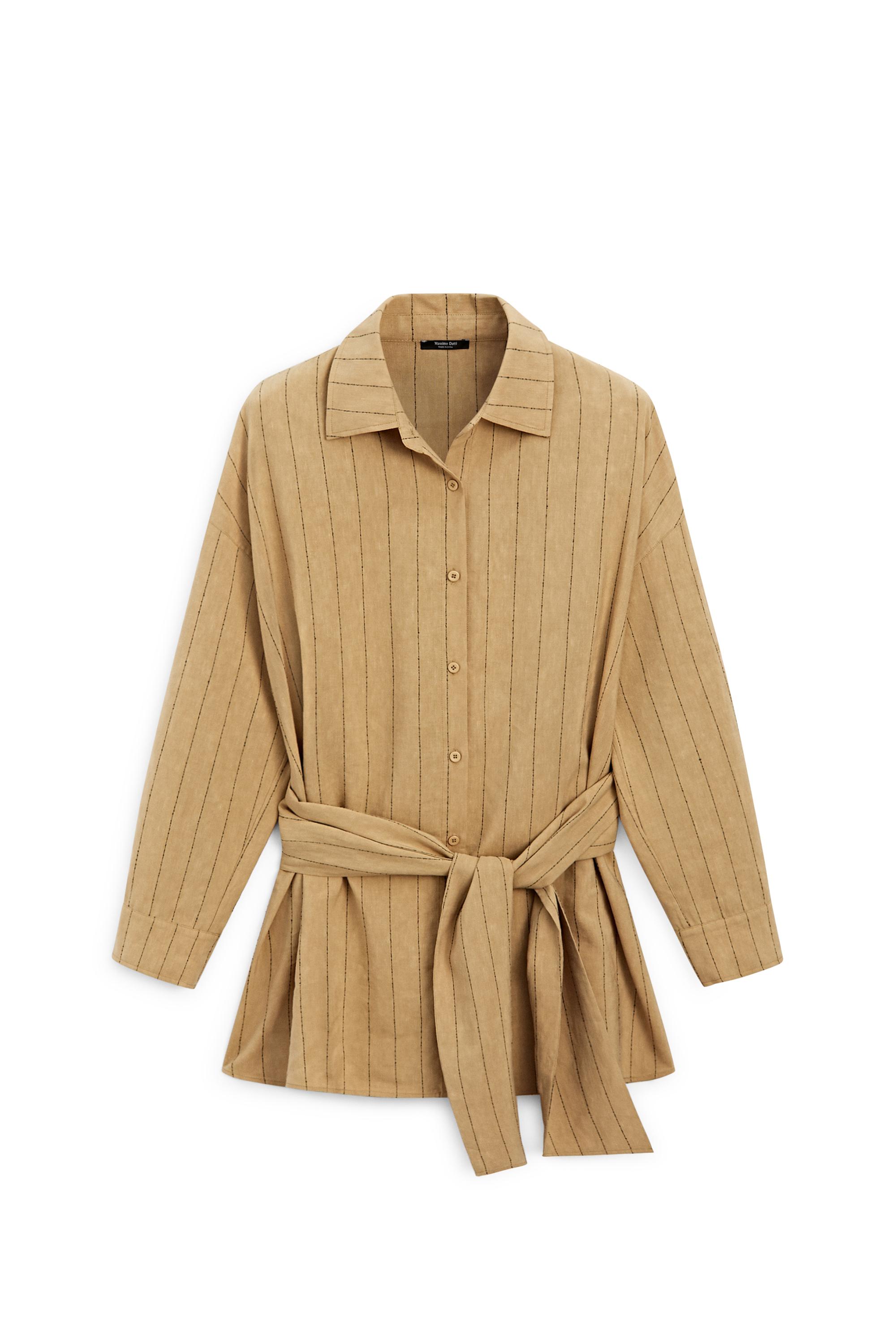 Kuşak detaylı çizgili dökümlü gömlek