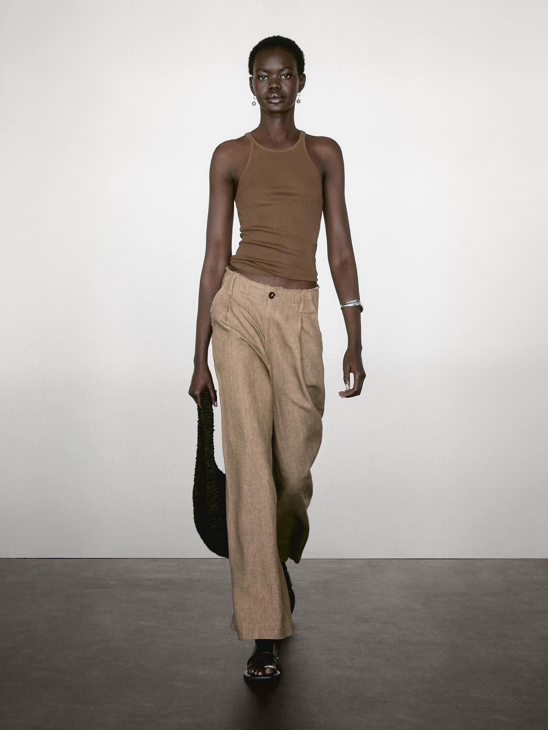 Pantalon Fluide À Pinces 100 % Lin - Marron Taupe - 36 - Massimo Dutti - Femme