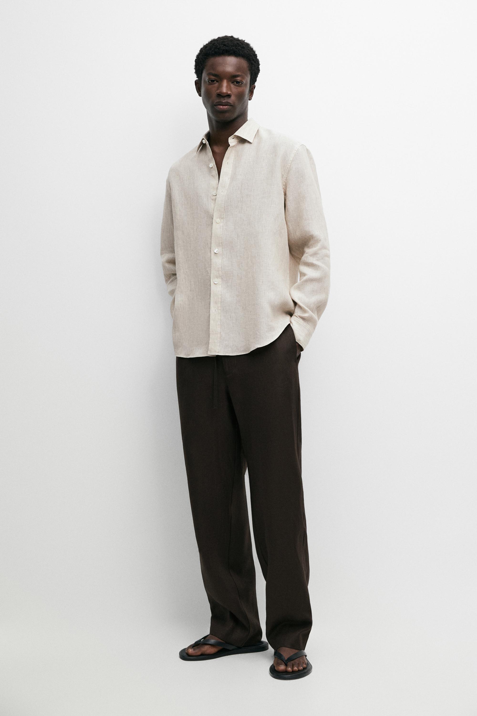 Camicia regular fit a righe délavé 100% lino