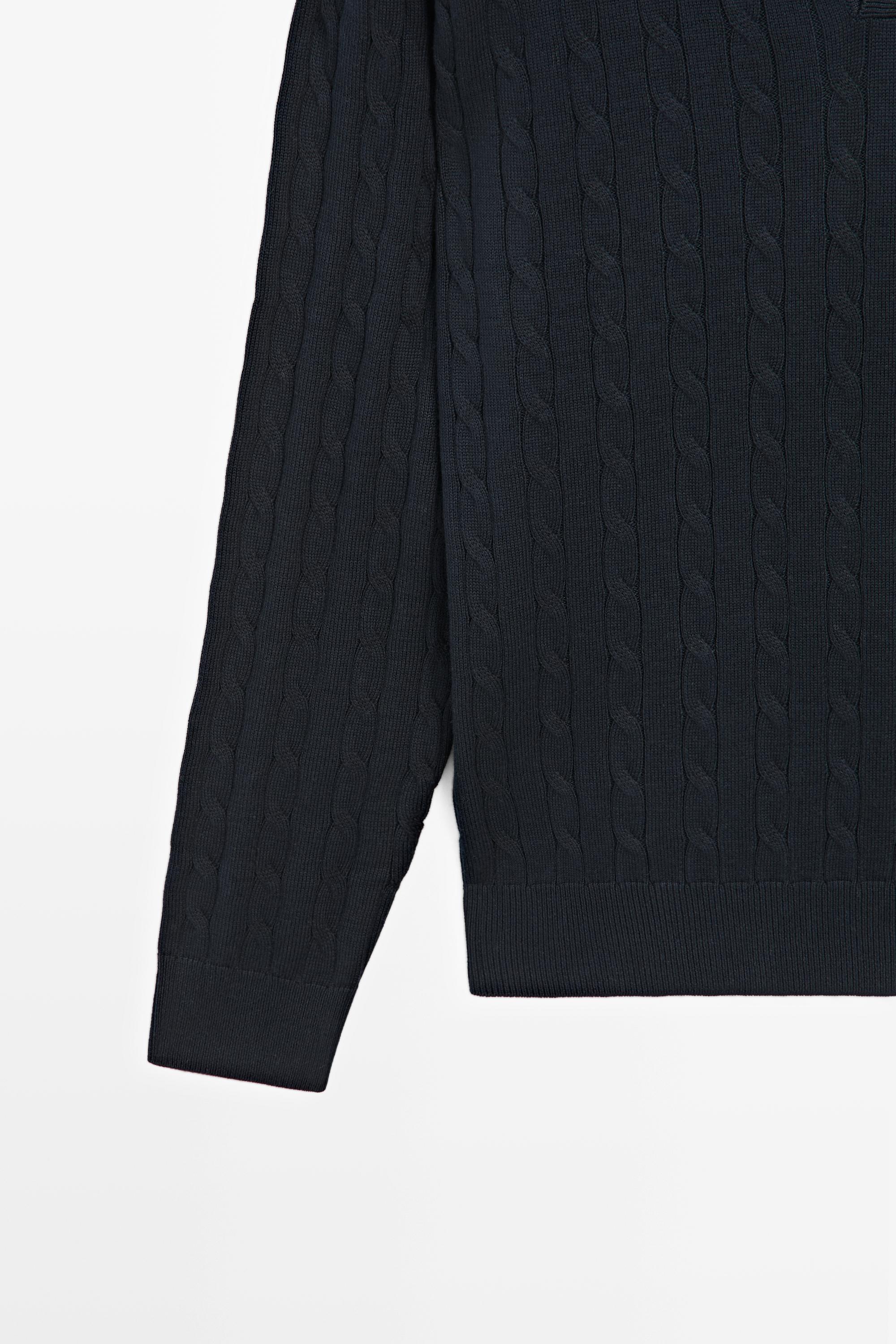 100% Cotton Cable-Knit Polo Sweater — NAVY BLUE