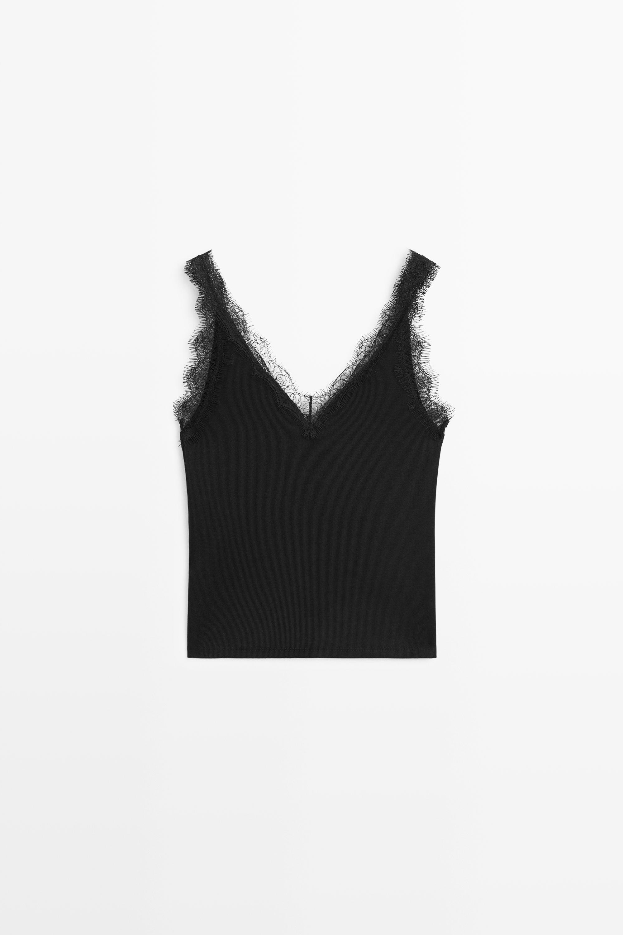 Strappy lace-trim top — BLACK