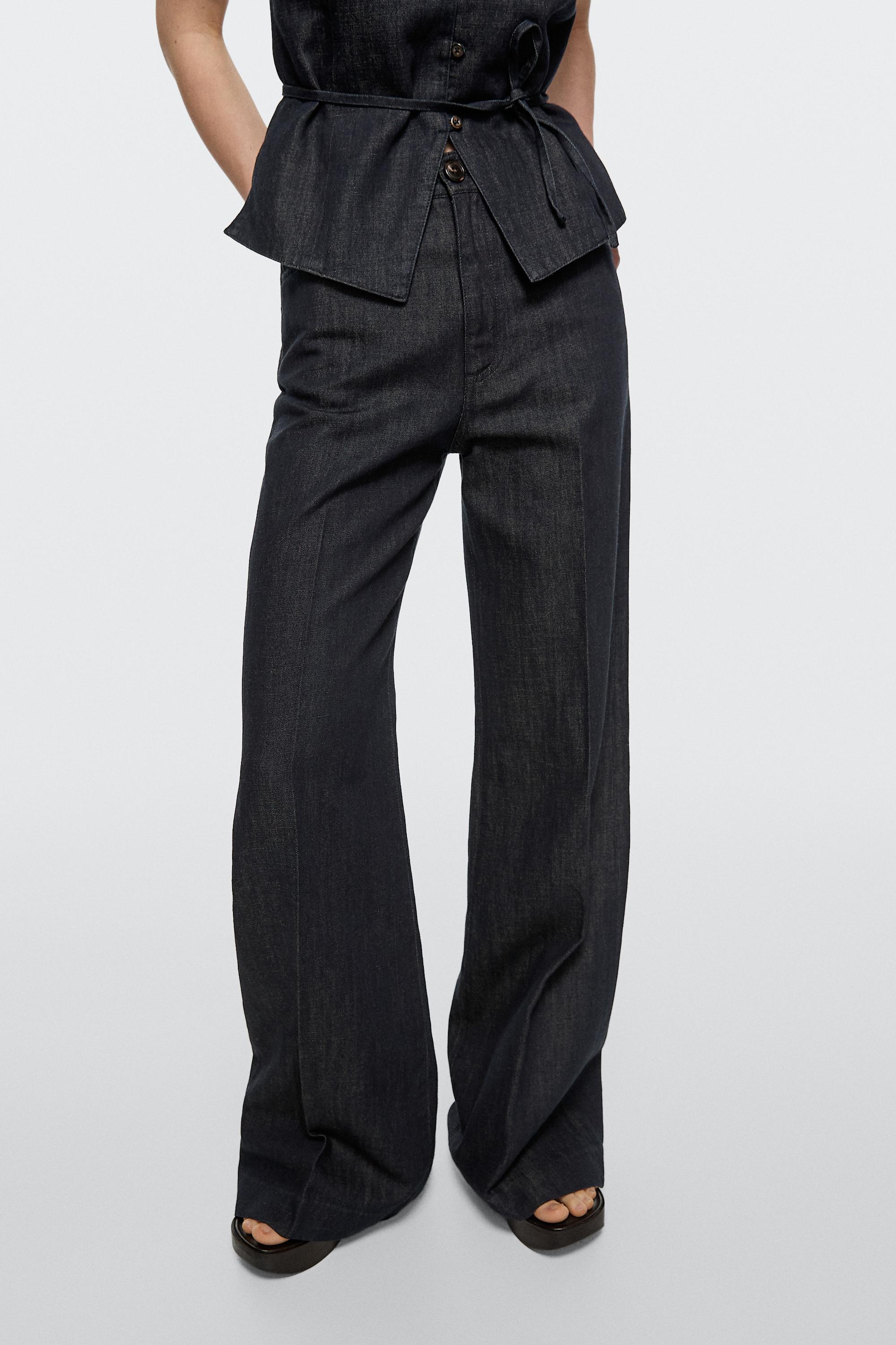 High-waist palazzo denim pants co-ord — DARK BLUE