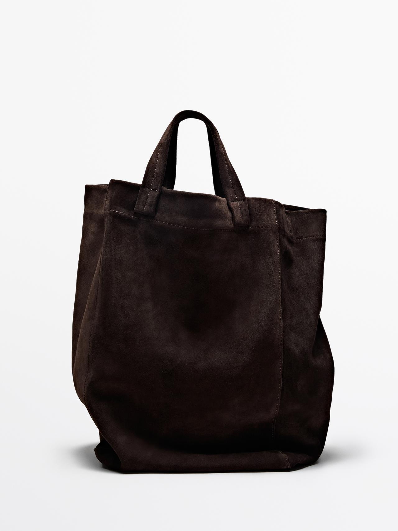 Massimo Dutti - Herre - Shoppertaske I Spaltlæder - Brun - 01