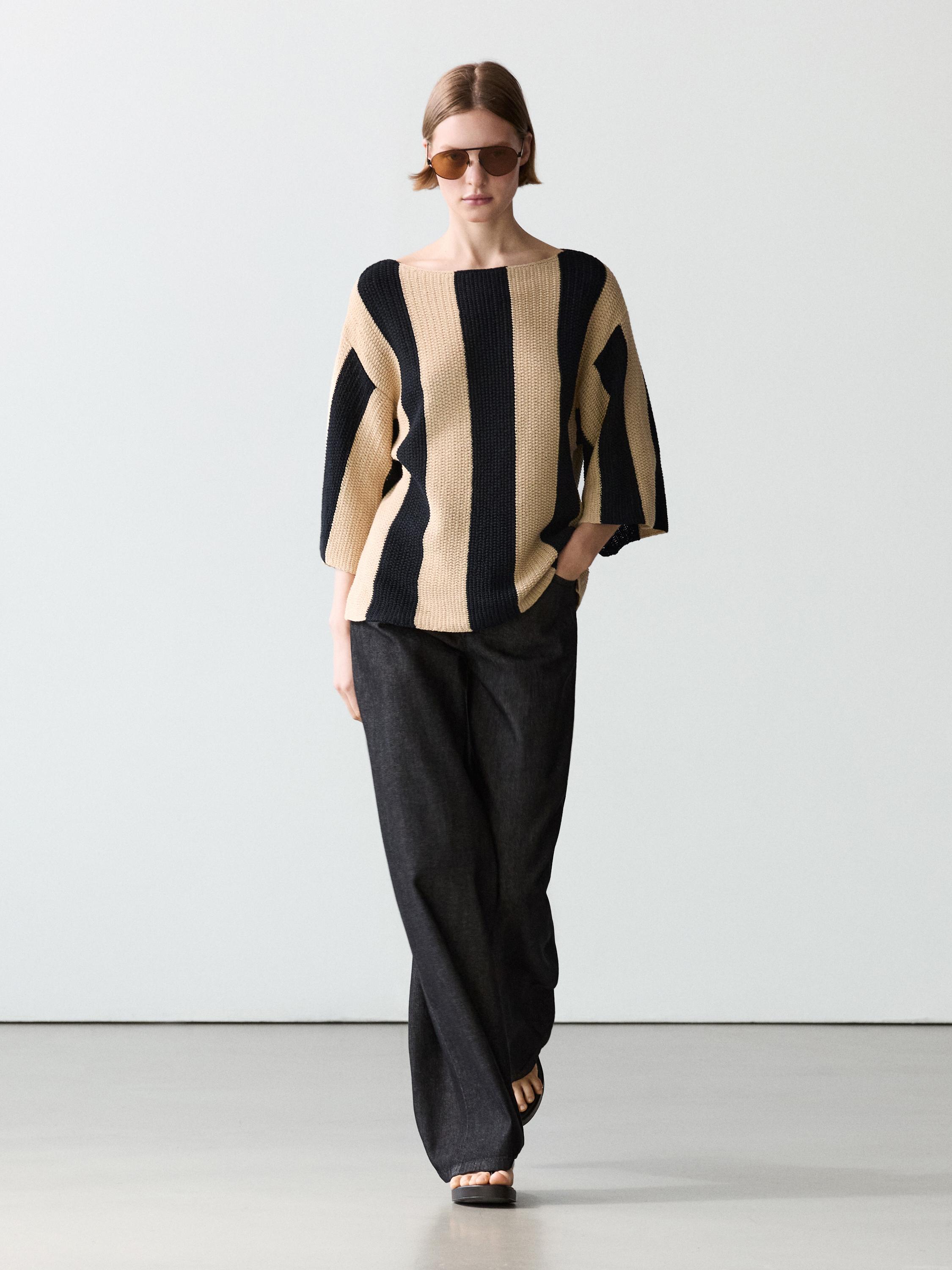 Striped cotton blend knit sweater — BLACK