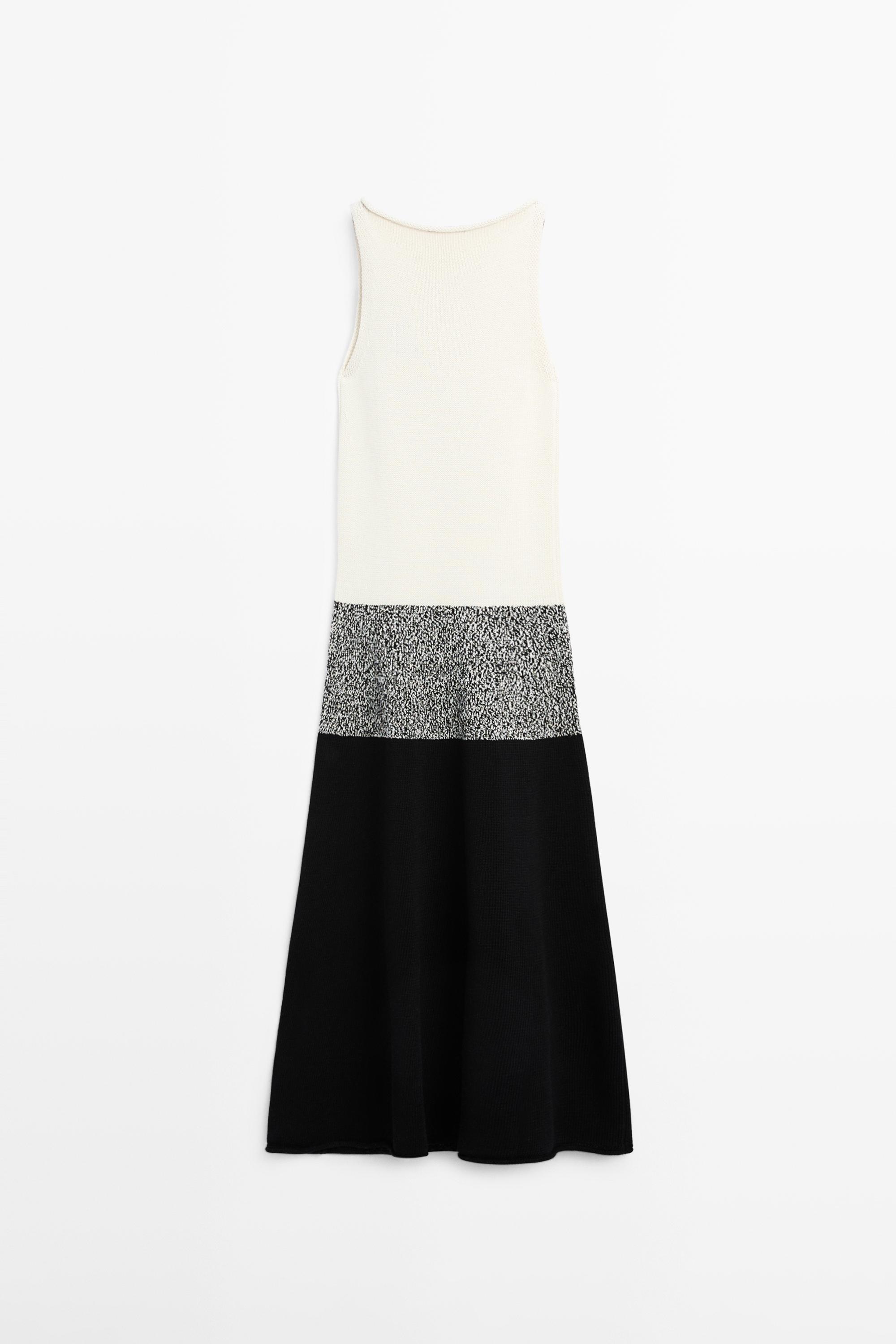 100% cotton contrast knit midi dress — BLACK