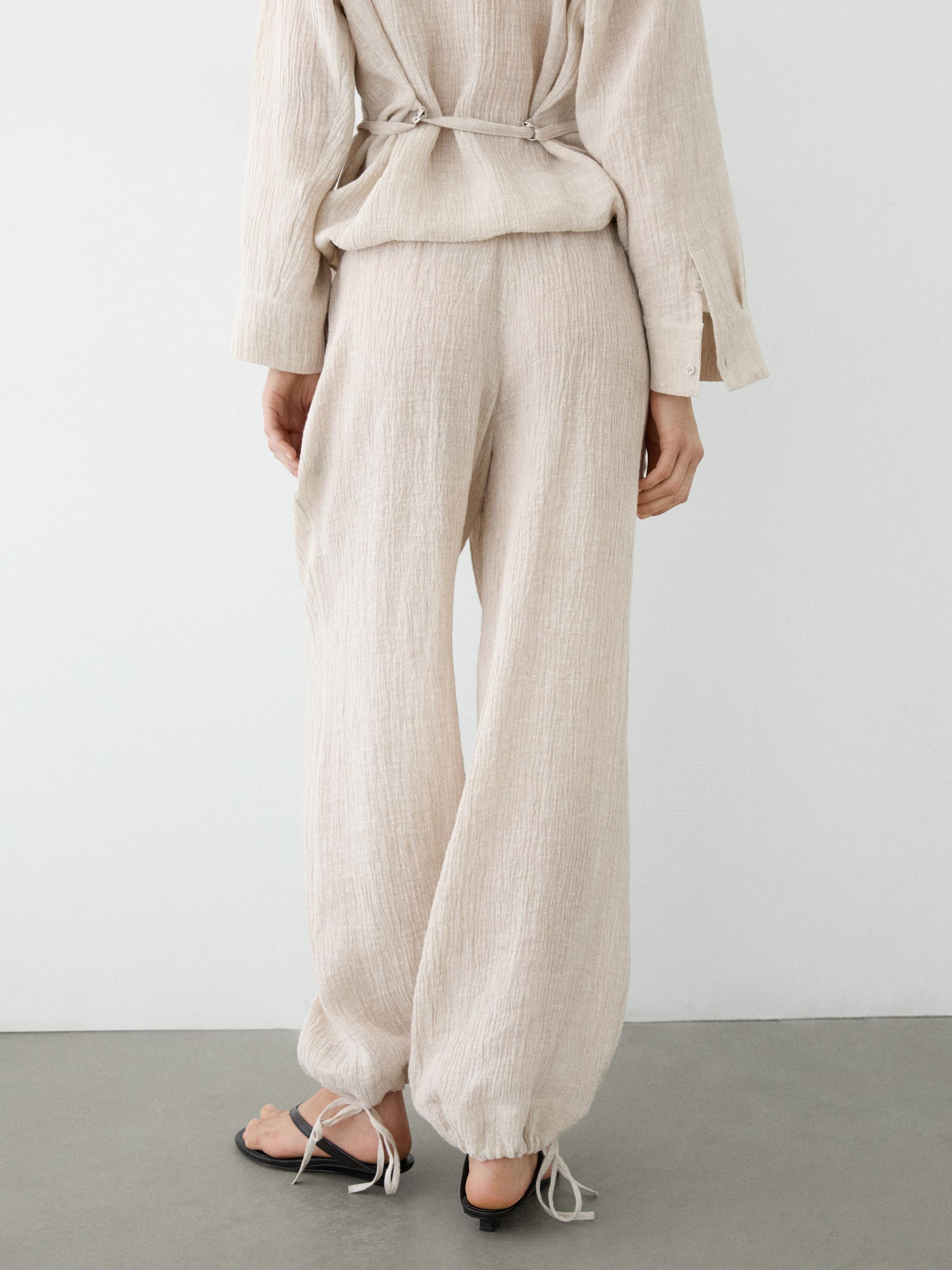 100% linen waffle-knit sarouel trousers — SAND
