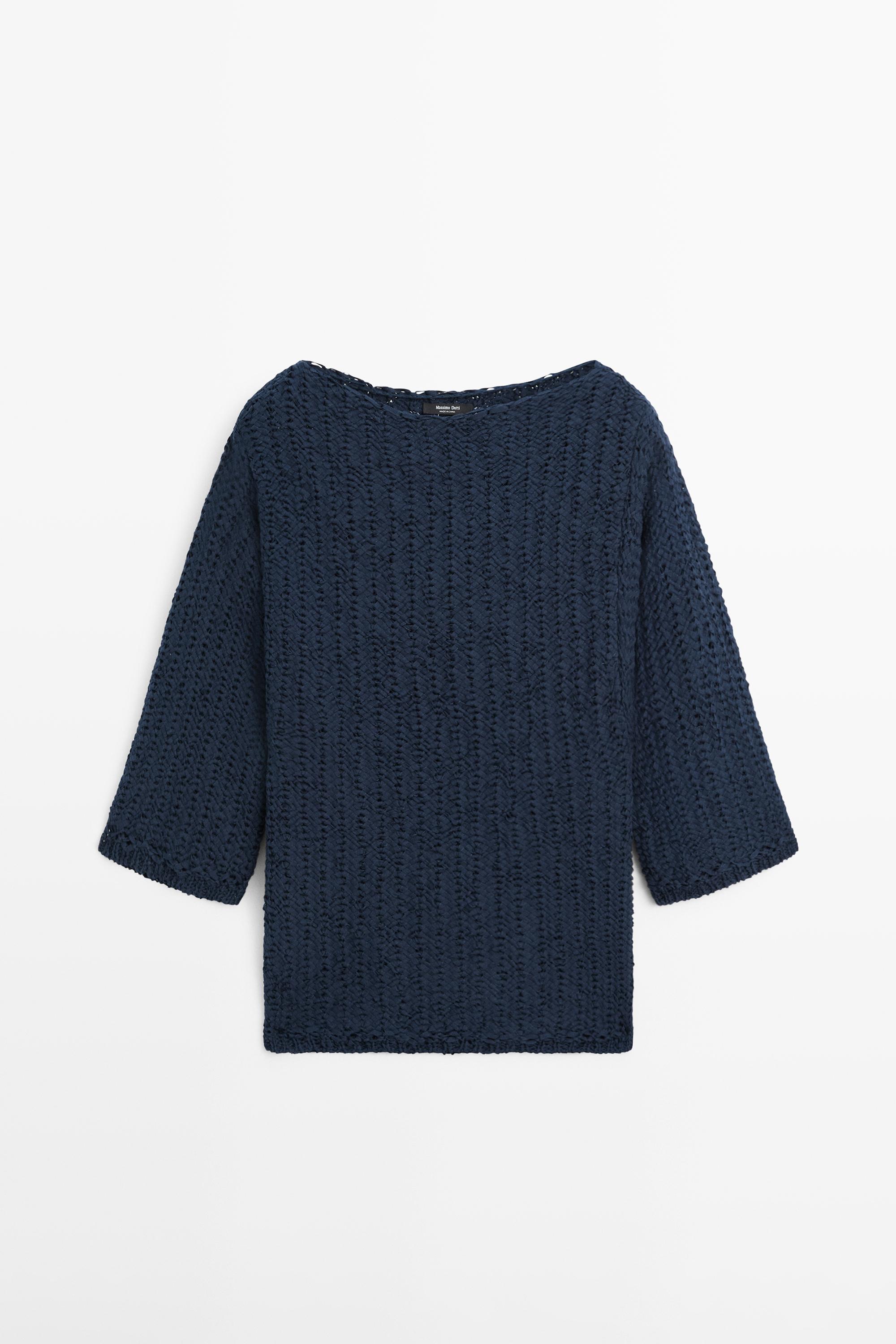 Textured cotton blend knit sweater — NAVY BLUE
