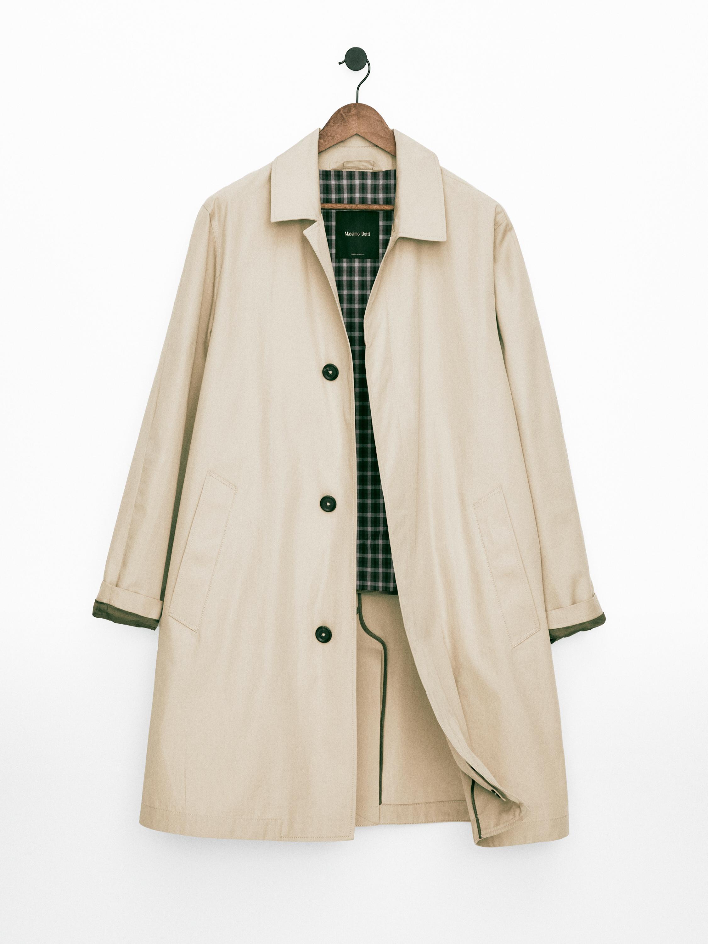 Check cotton trench coat with interior detail — BEIGE