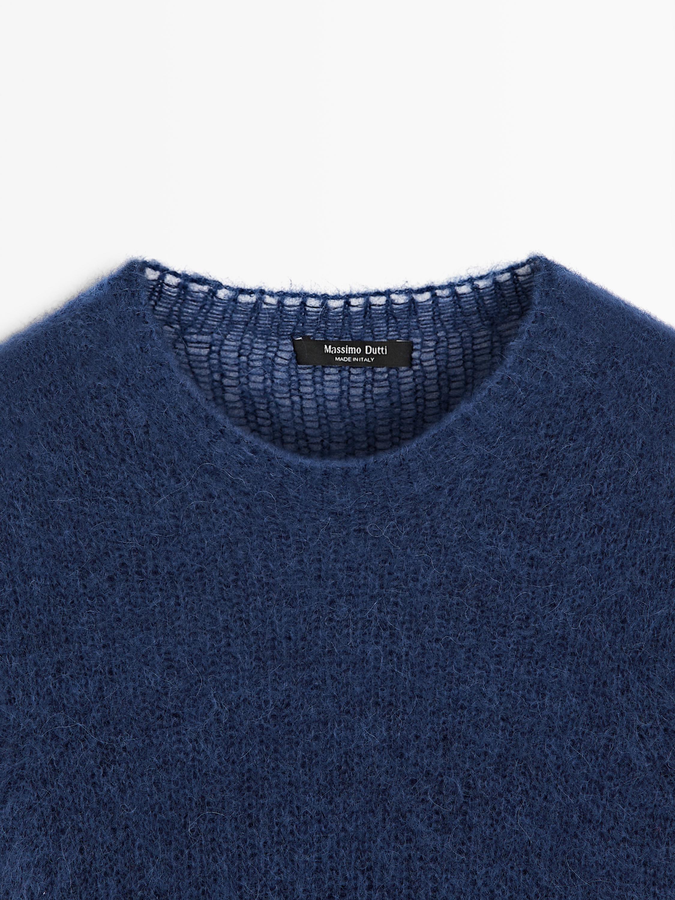 Short sleeve knit alpaca blend sweater — Dark Blue