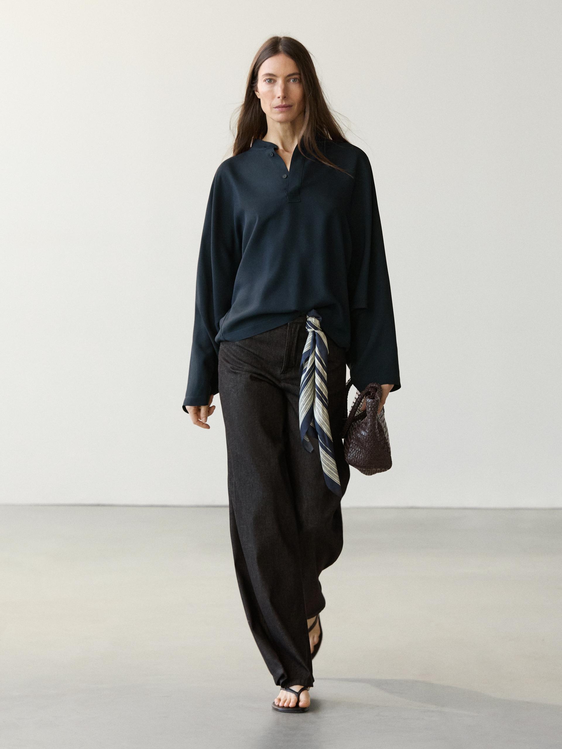 Blouse Fluide Col Officier Avec Cape - Bleu Marine - Xs-S - Massimo Dutti - Femme