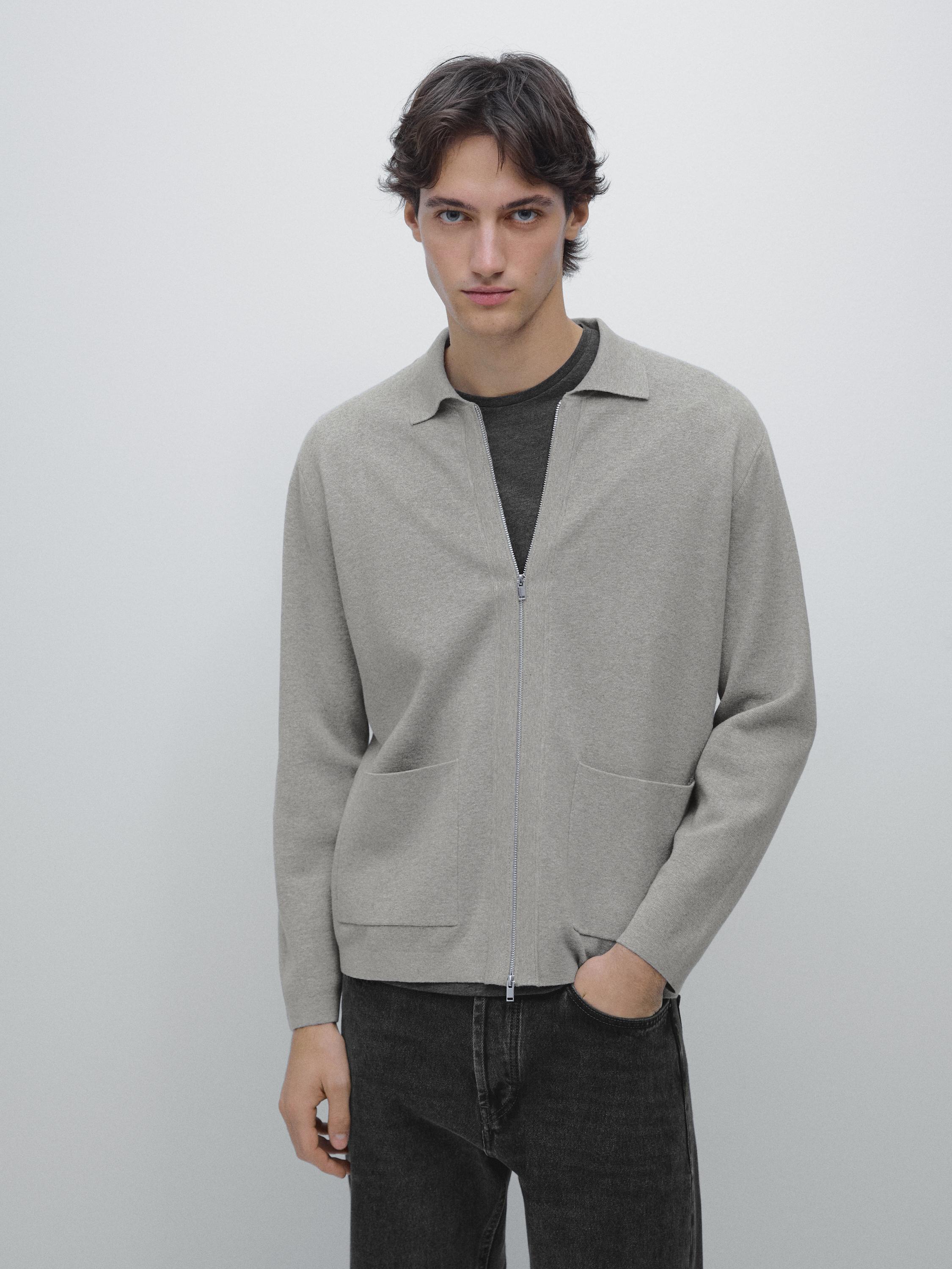 Zip-up knit cotton and wool blend cardigan with pockets