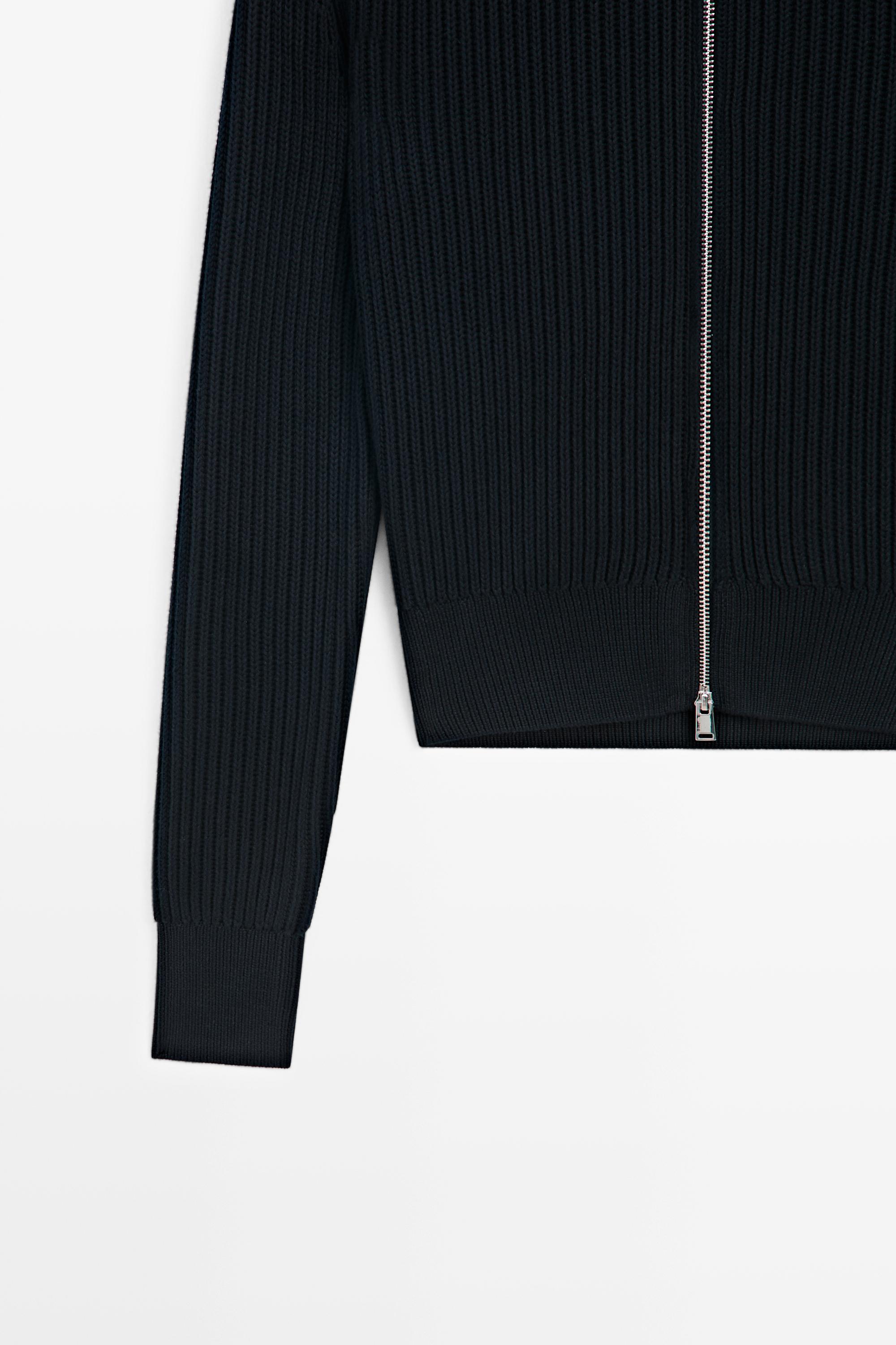 100% cotton knit cardigan with high neck detail — NAVY BLUE
