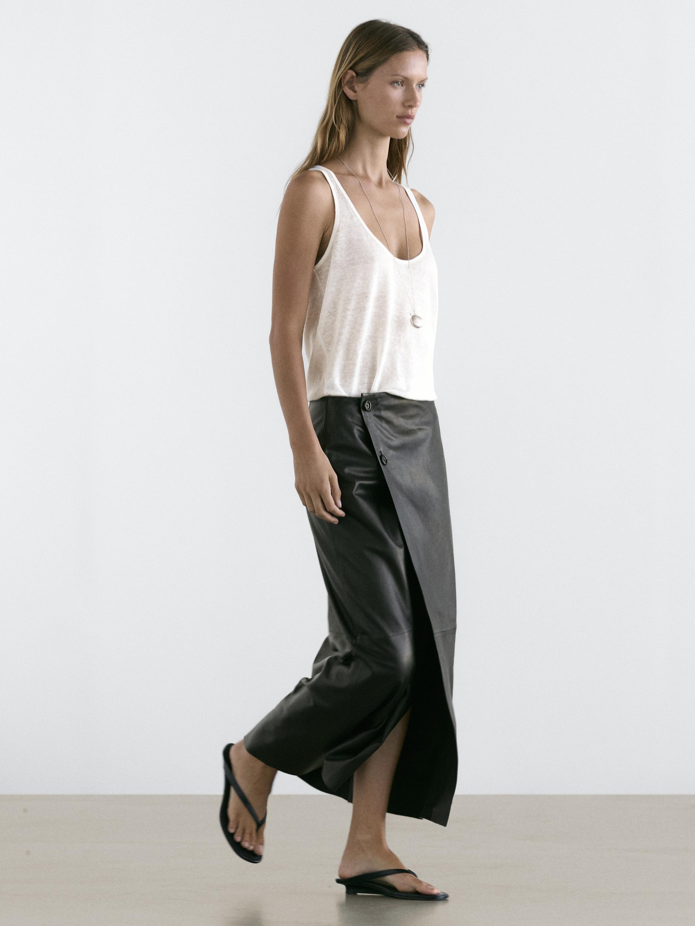 Nappa leather midi skirt with seams — BLACK
