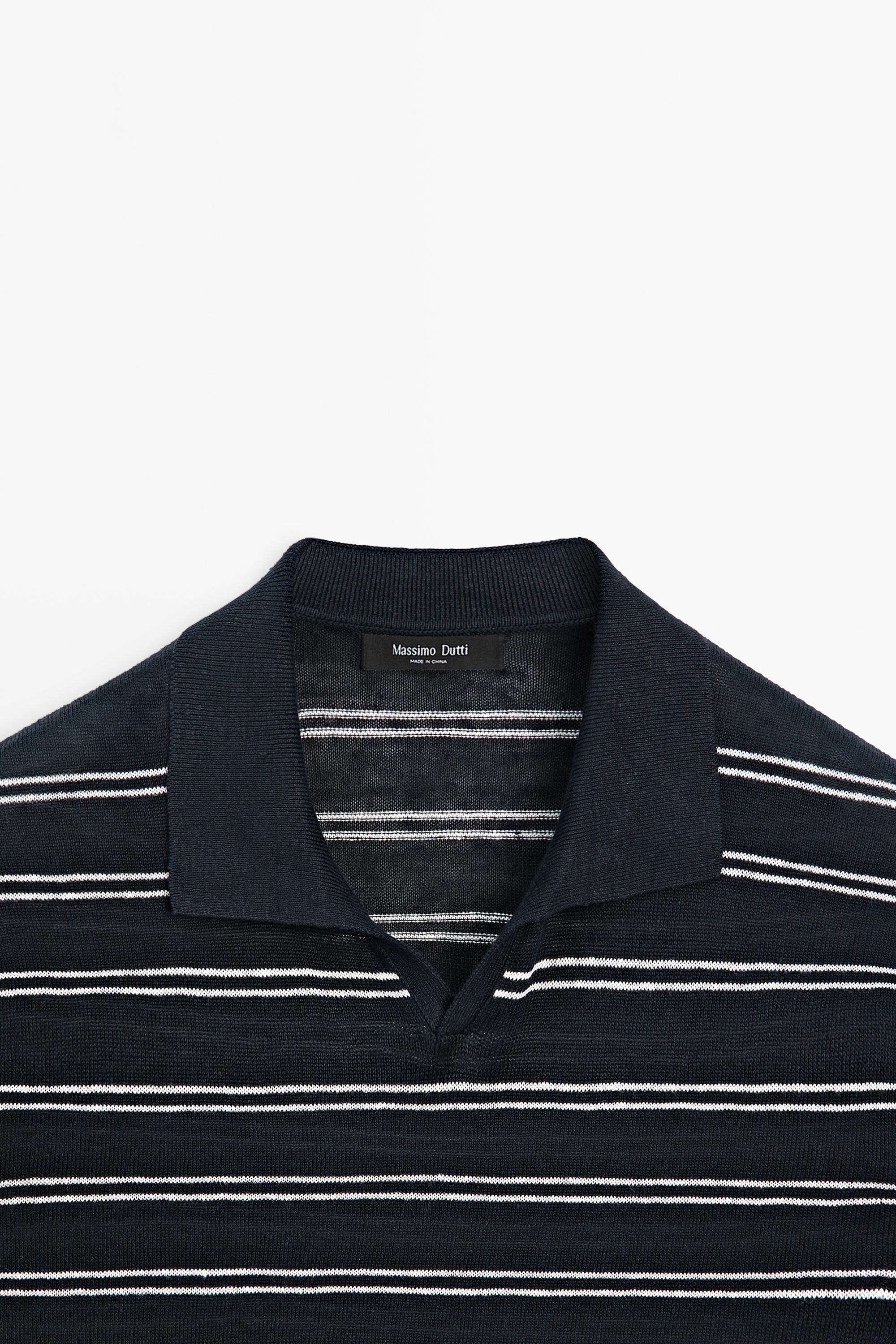 Striped 100% linen V-neck polo shirt — NAVY BLUE