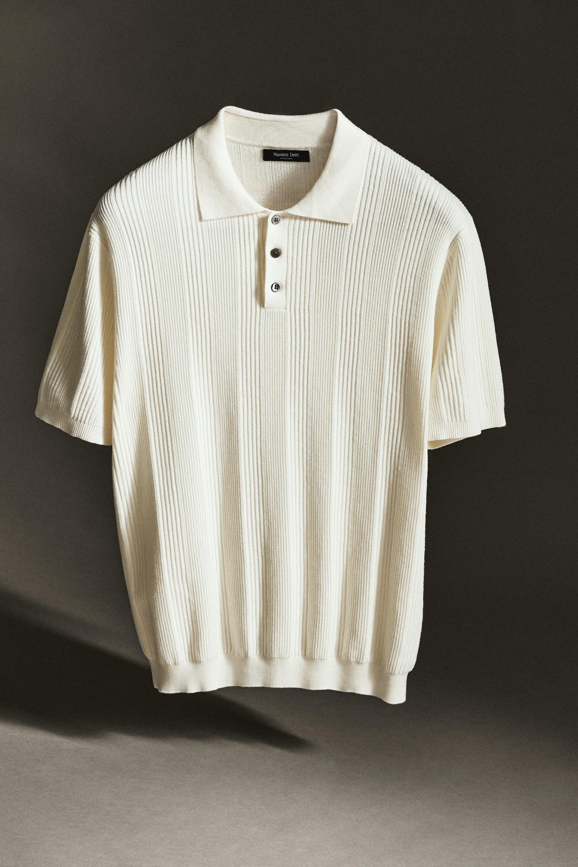 100% cotton textured striped knit polo shirt — CREAM