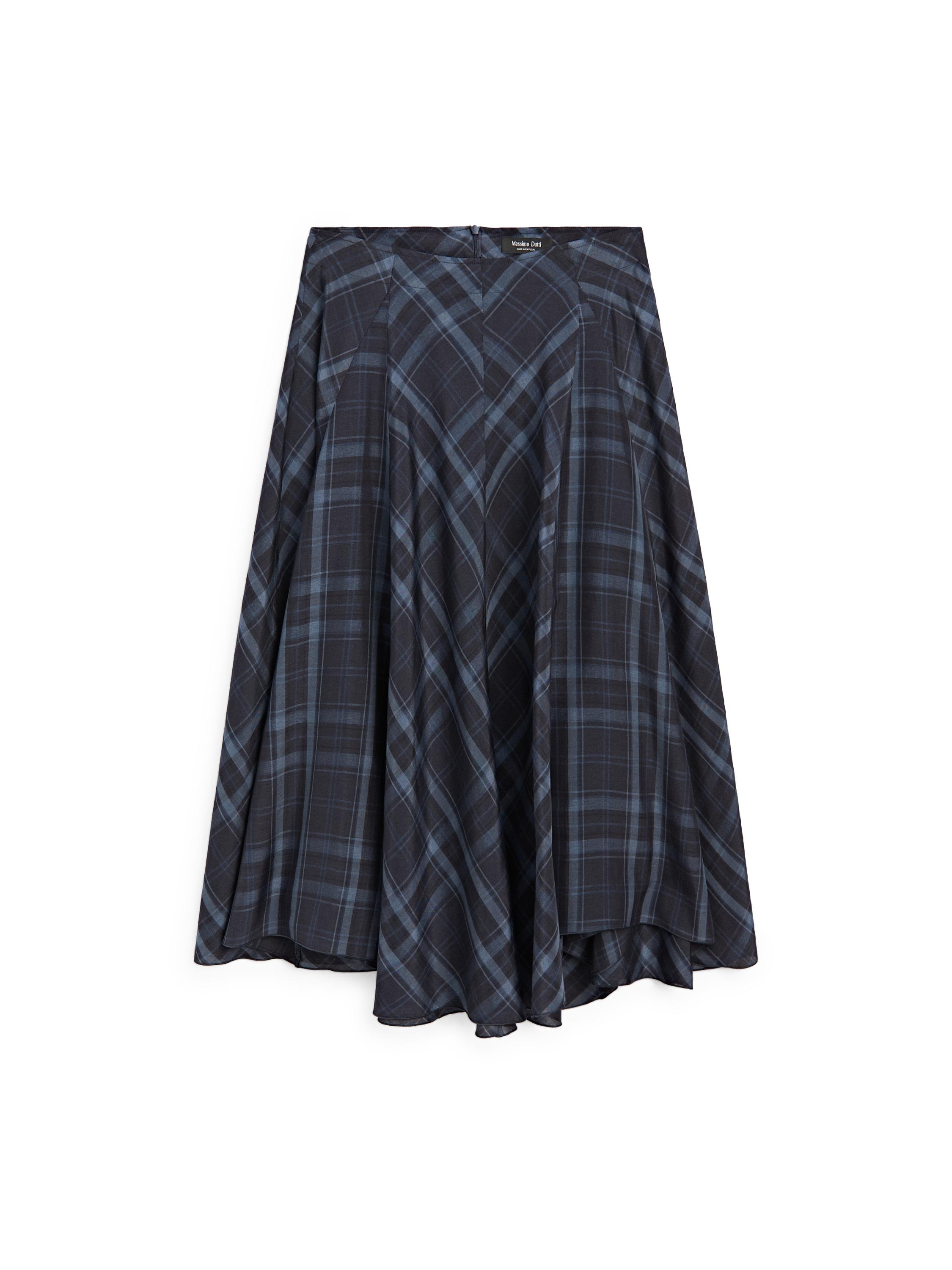 Check print flowing godet skirt — BLUE