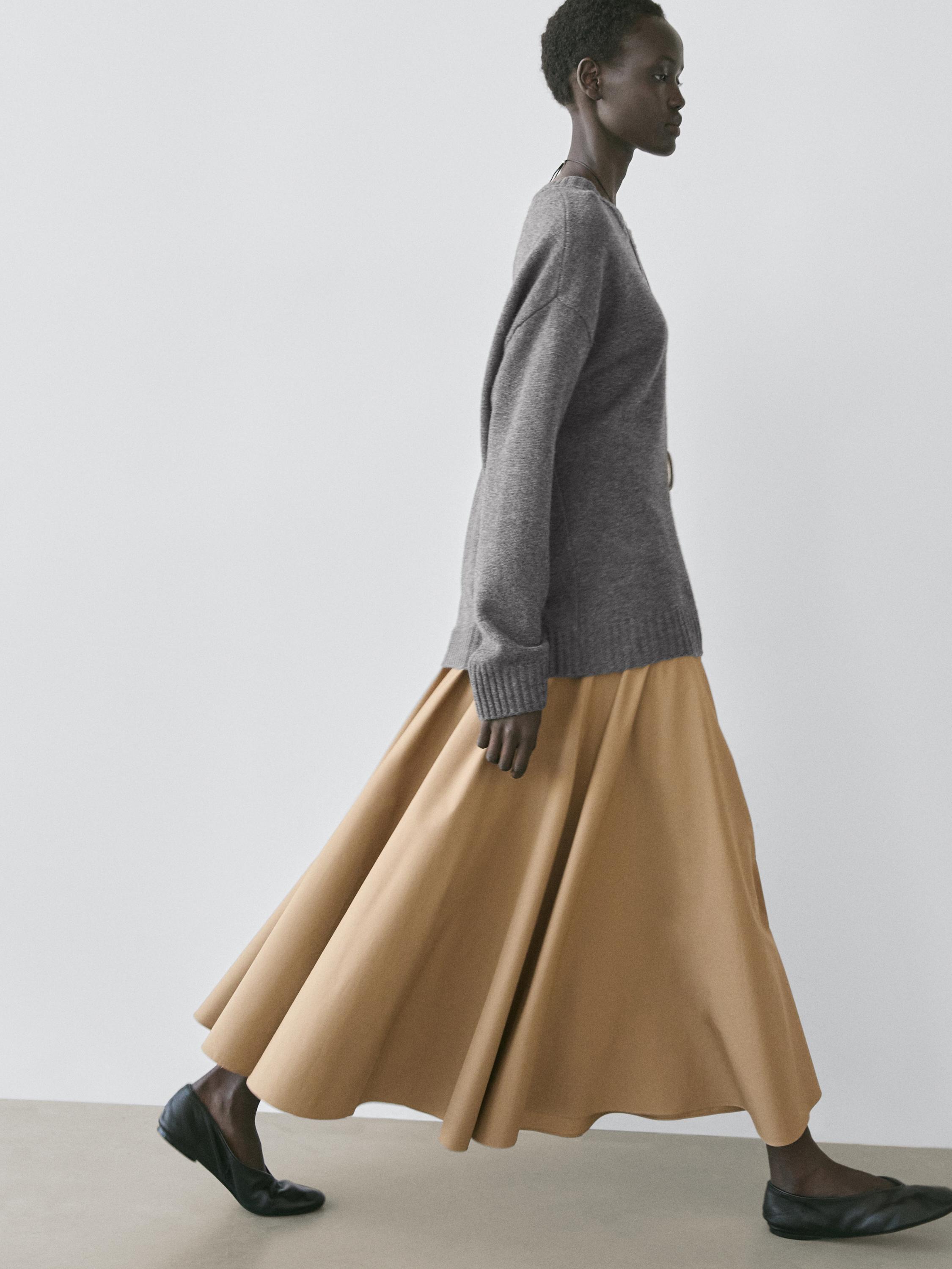 Flounce midi skirt with yoke detail — CAMEL