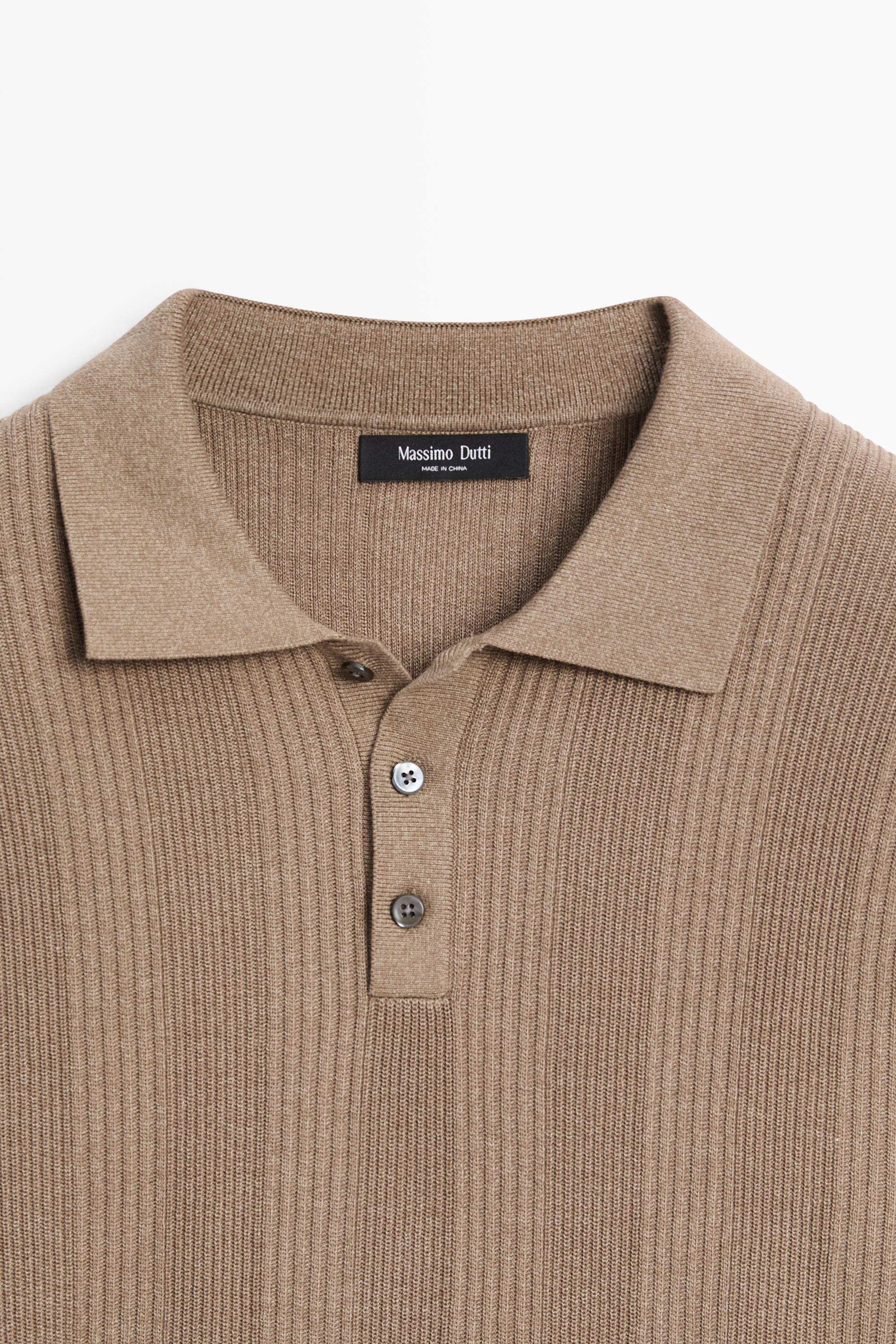 100% cotton textured striped knit polo shirt — PALE KHAKI