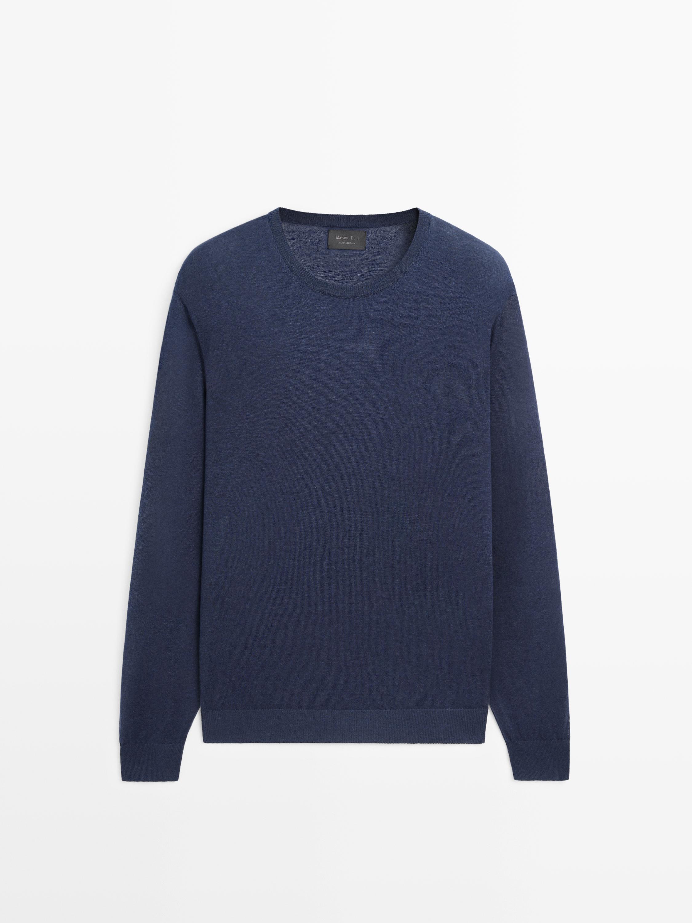 Linen and cashmere knit crew neck sweater — NAVY BLUE