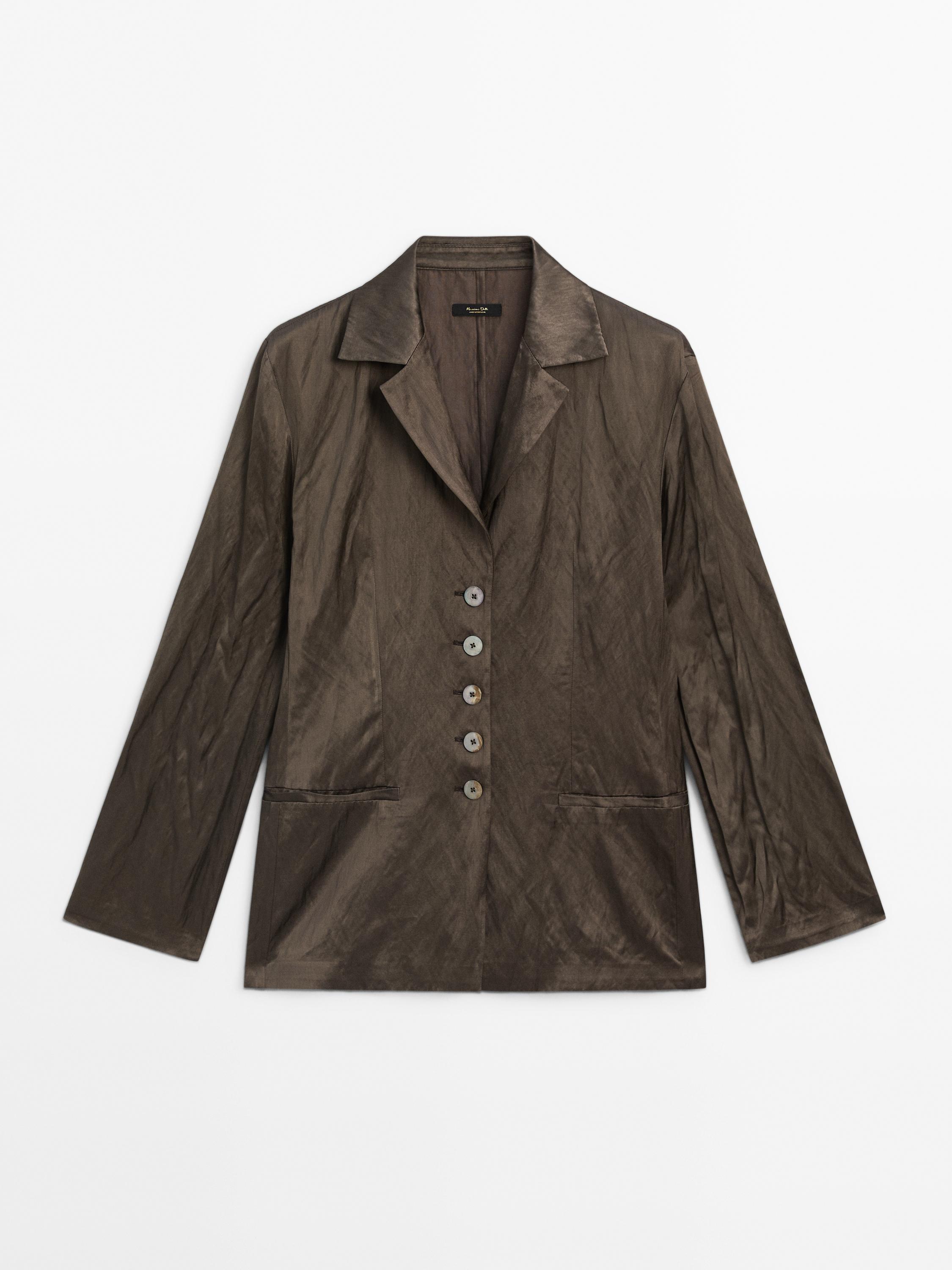 Creased-effect fitted satin blazer