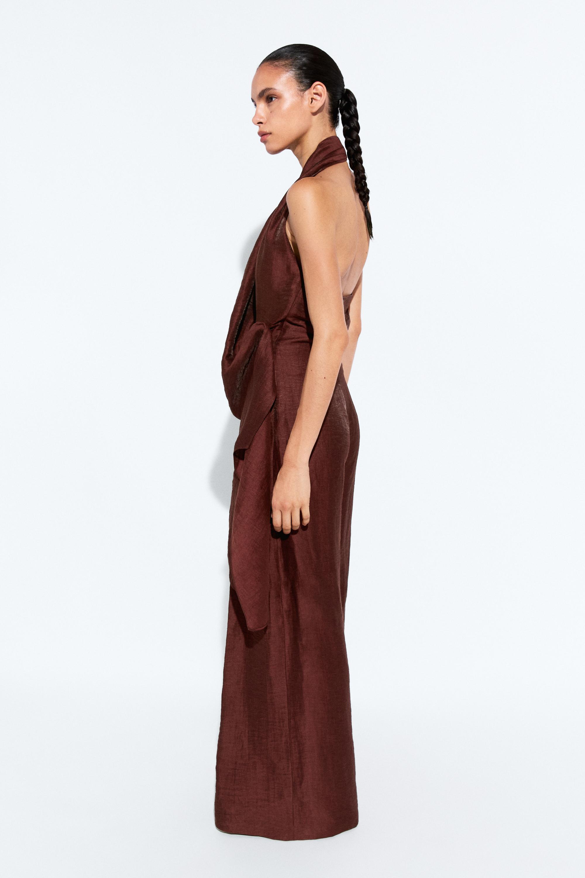Flowing draped halter neck jumpsuit — BURGUNDY