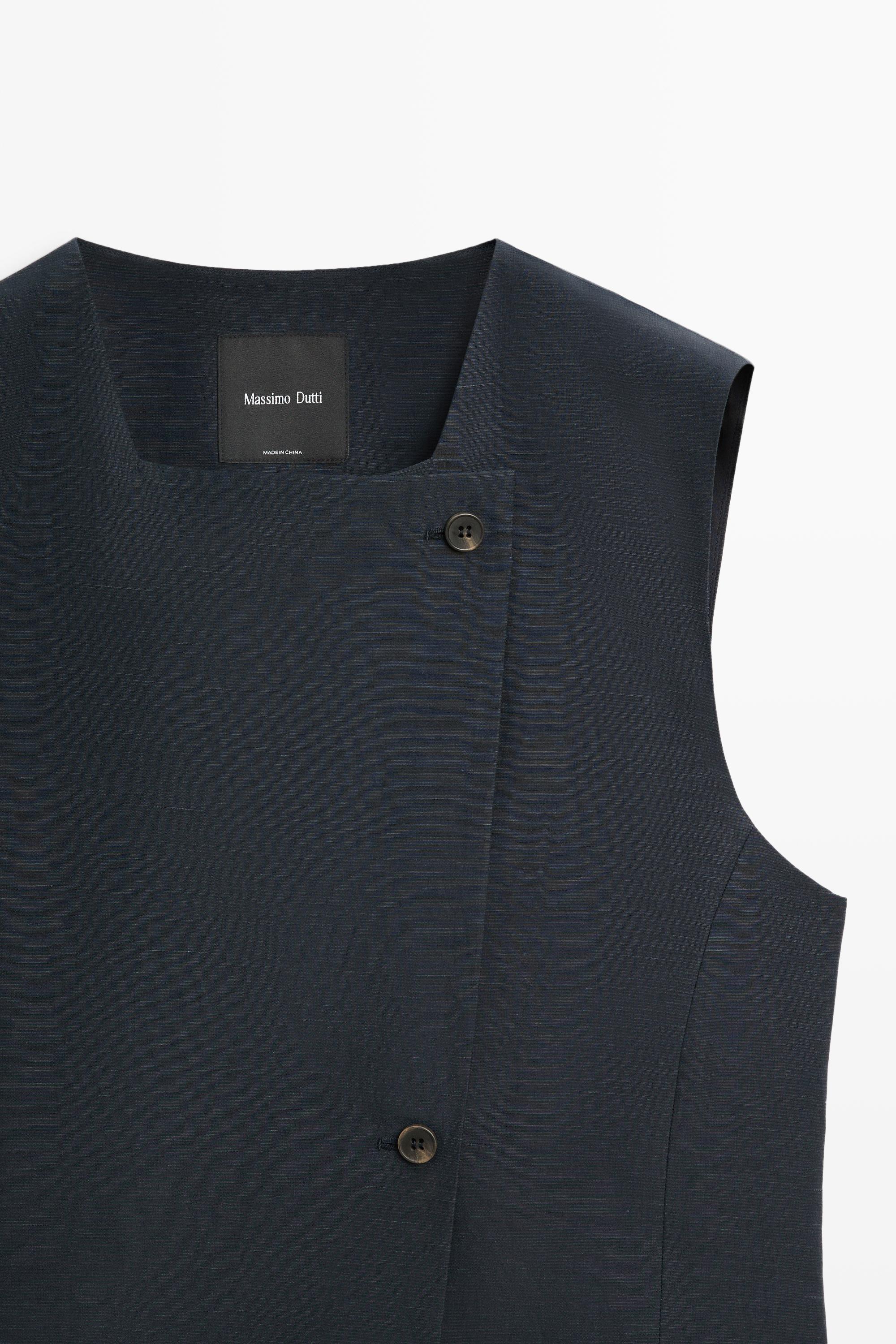 Linen blend asymmetric button-up vest — NAVY BLUE