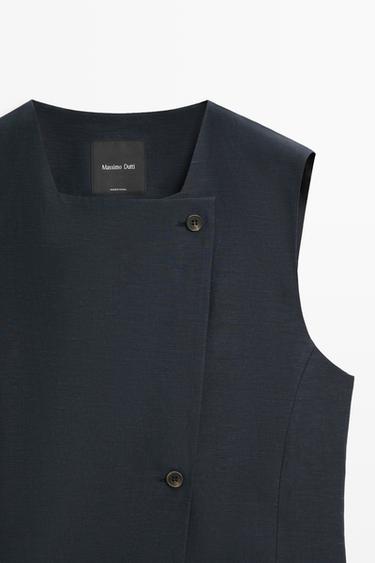 Linen blend asymmetric button-up vest — NAVY BLUE 9