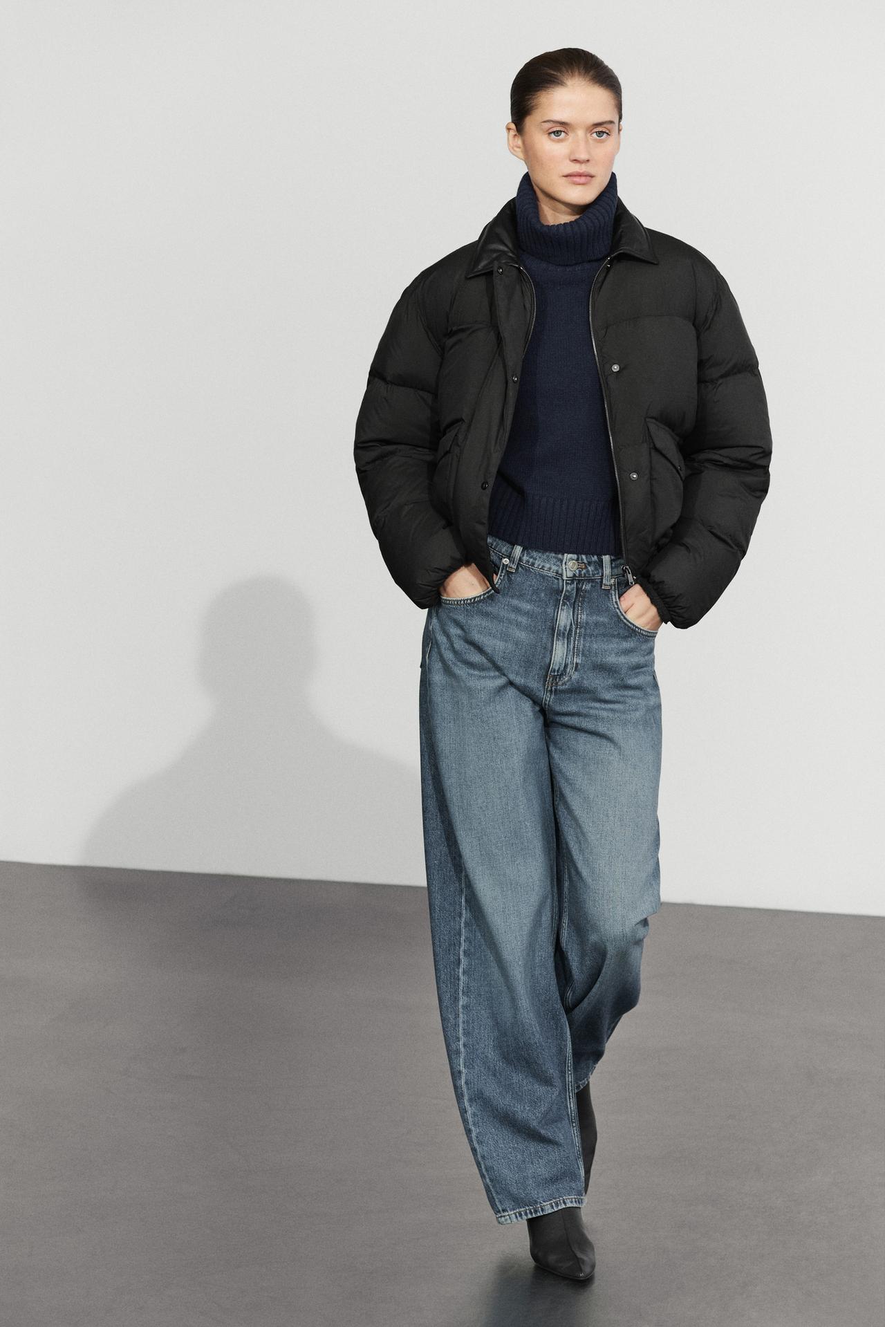 Down bomber jacket with nappa leather collar — BLACK
