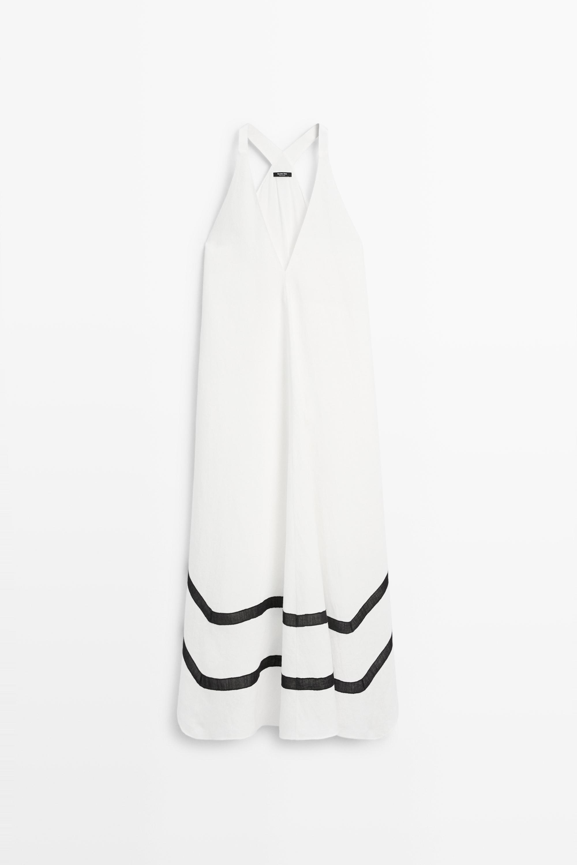 Midikleid aus Leinenmix mit Kontrastlinien