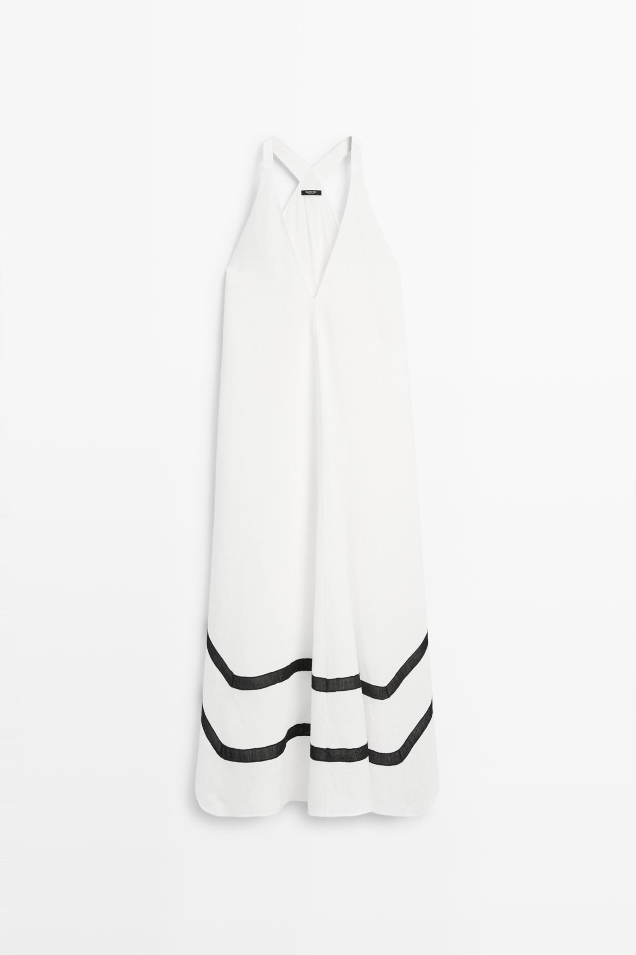 Massimo Dutti - Dame - Midikjole I Hørblanding Med Kontraststriber - Hvid - L