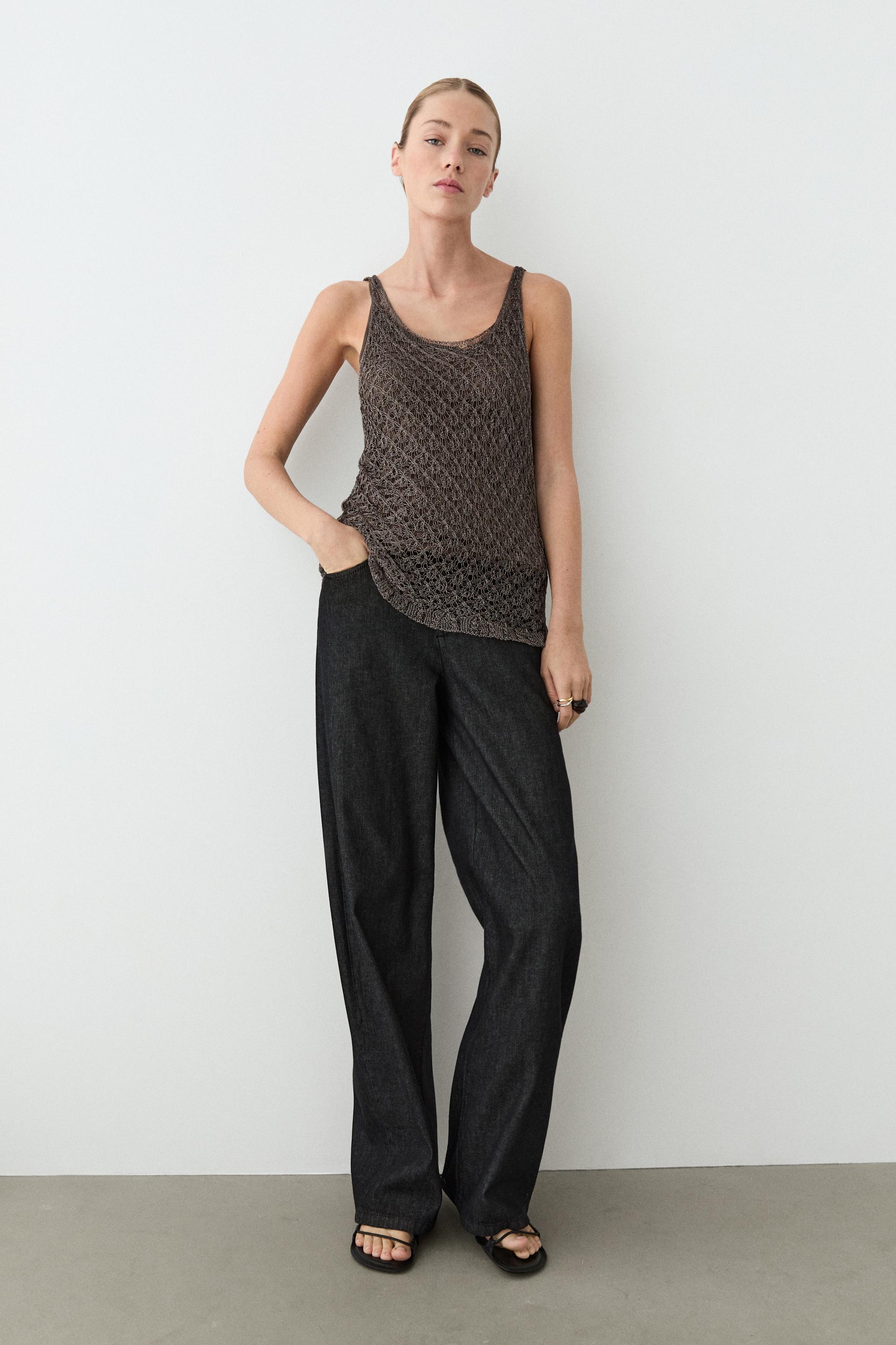 Strappy metallic mesh top — Khaki