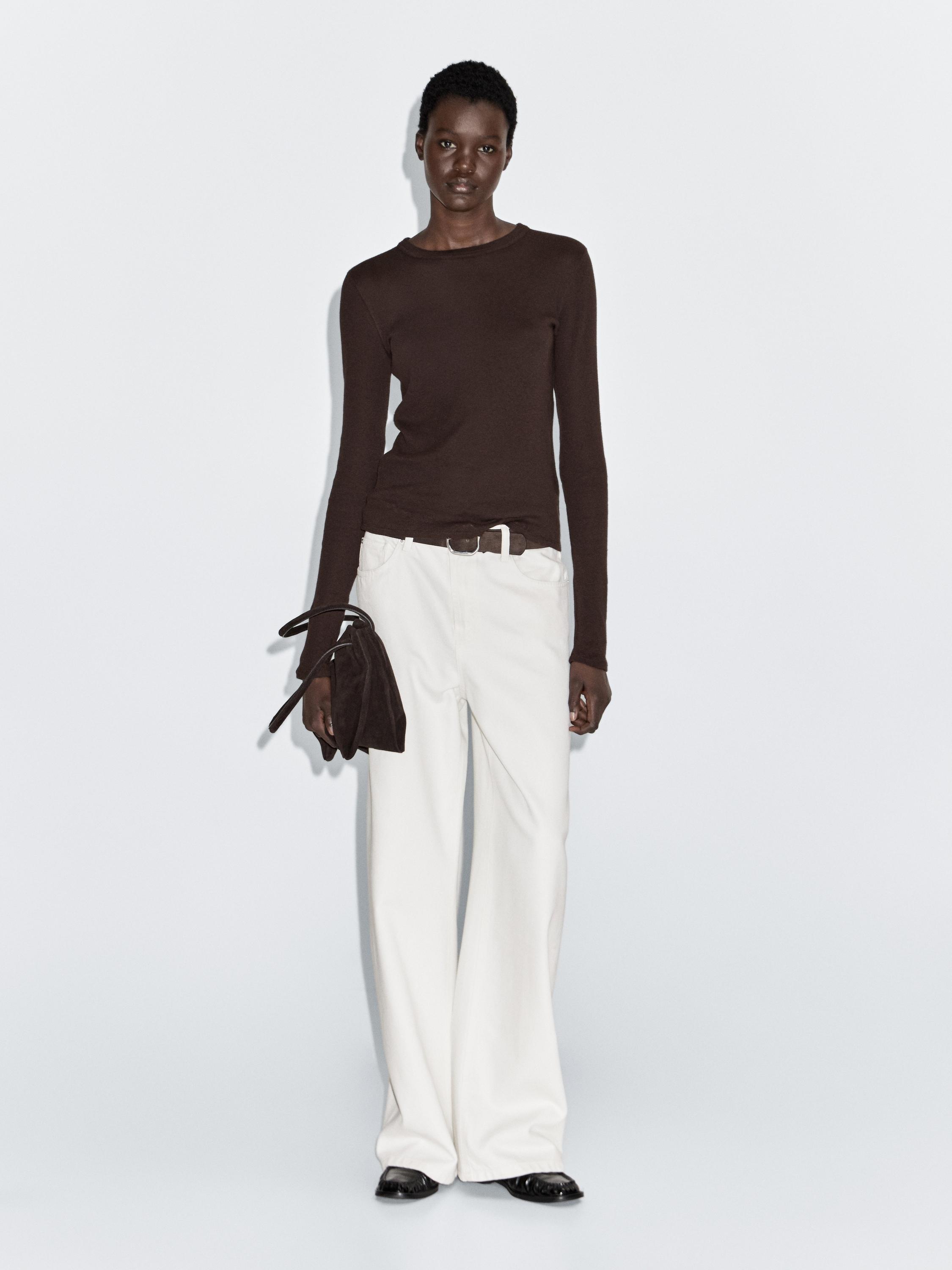 Long sleeve cotton blend T-shirt BROWN - Main Image