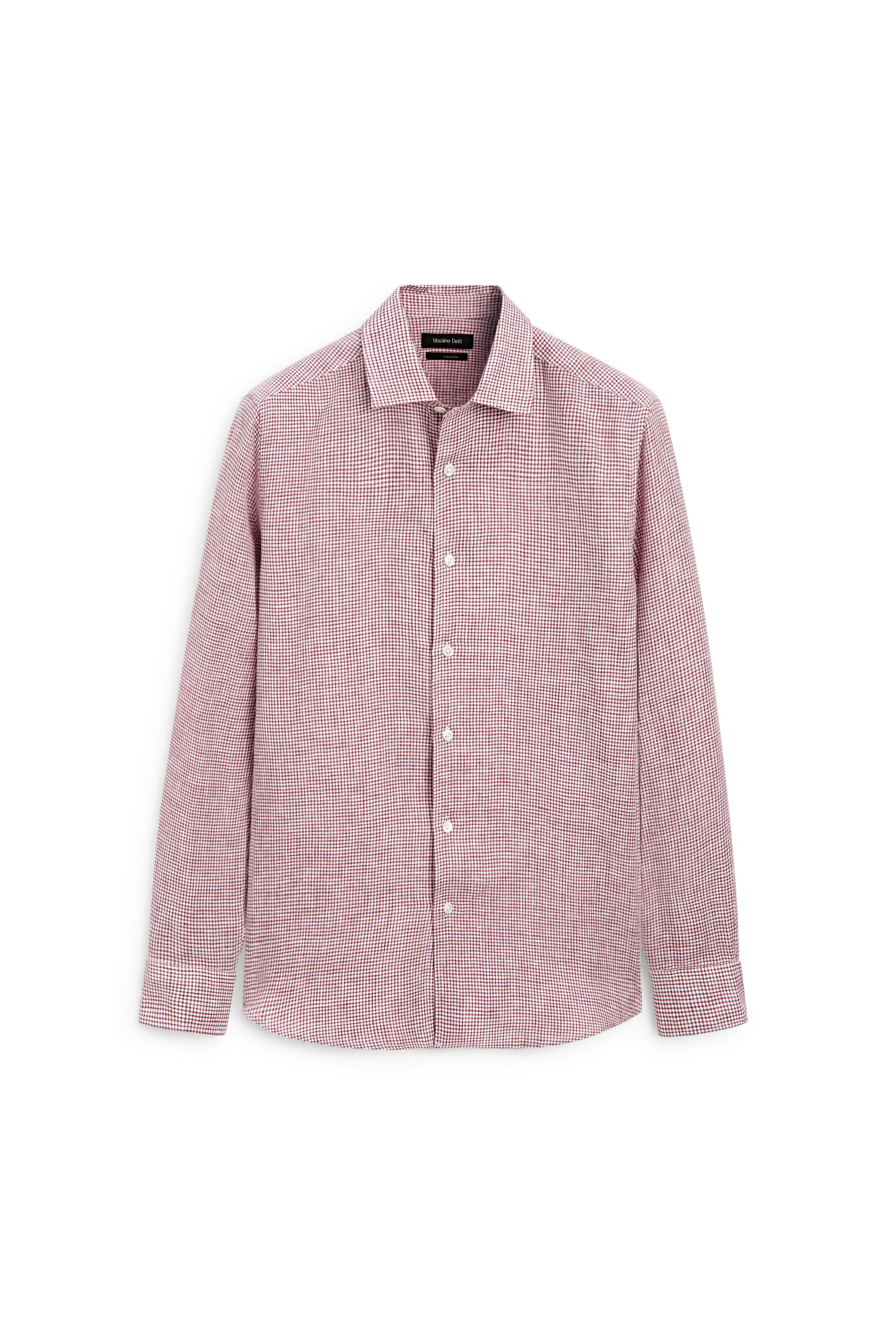 100% linen regular fit micro-checked shirt — BRIGHT RED