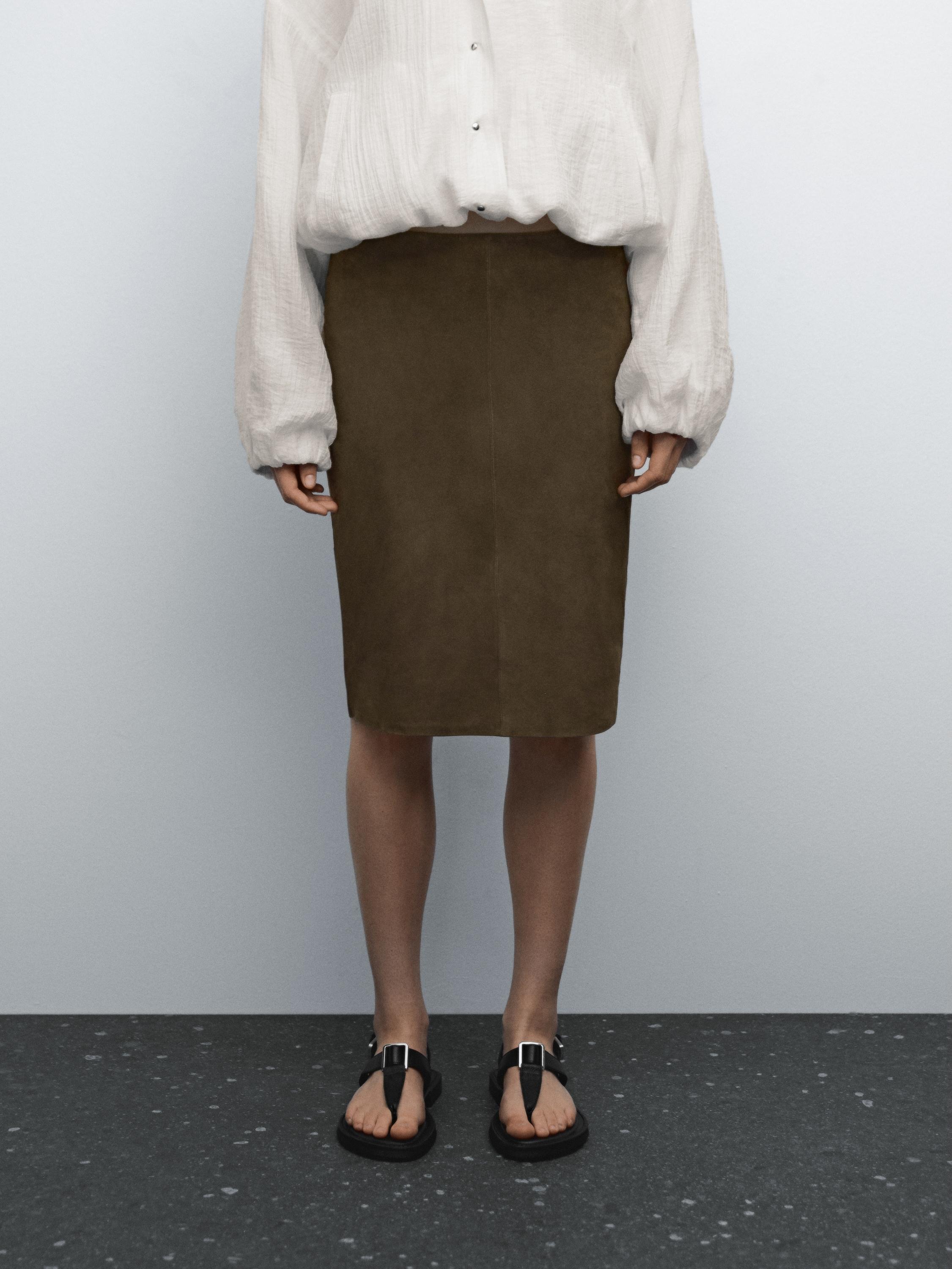Suede leather mid-length skirt