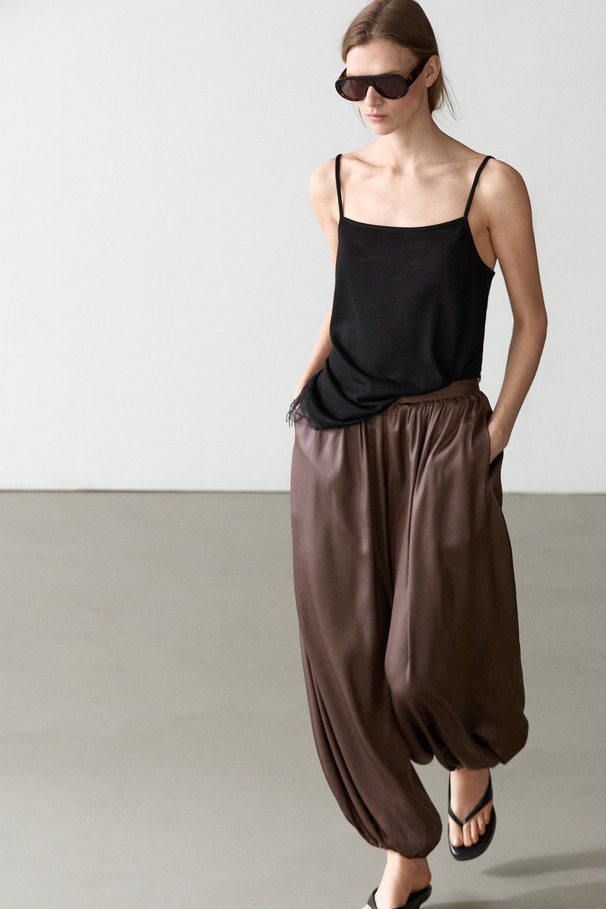 Flowing balloon fit satin trousers — BROWN