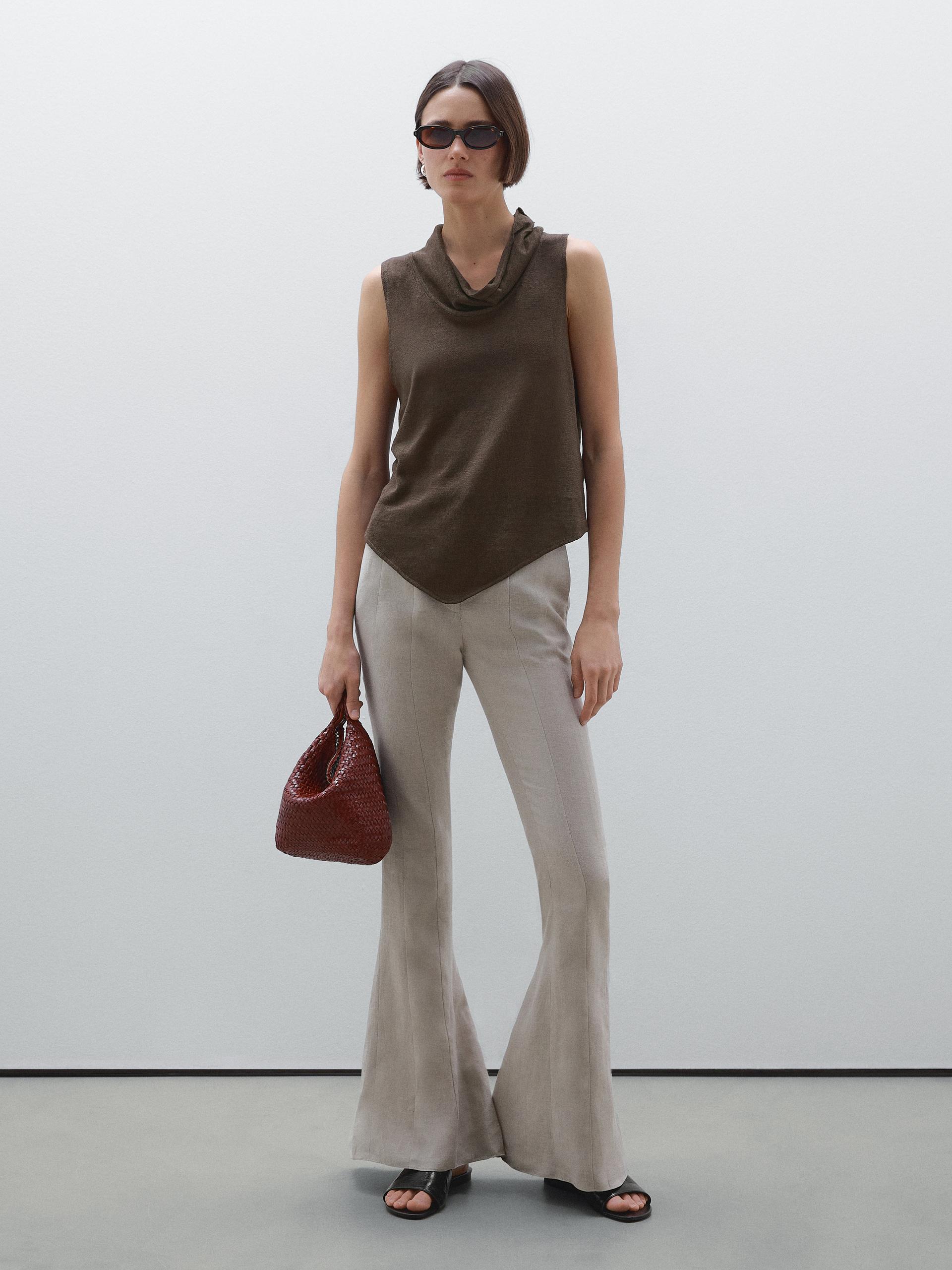 Top Drapé Asymétrique 100 % Lin - Chocolat - S - Massimo Dutti - Femme