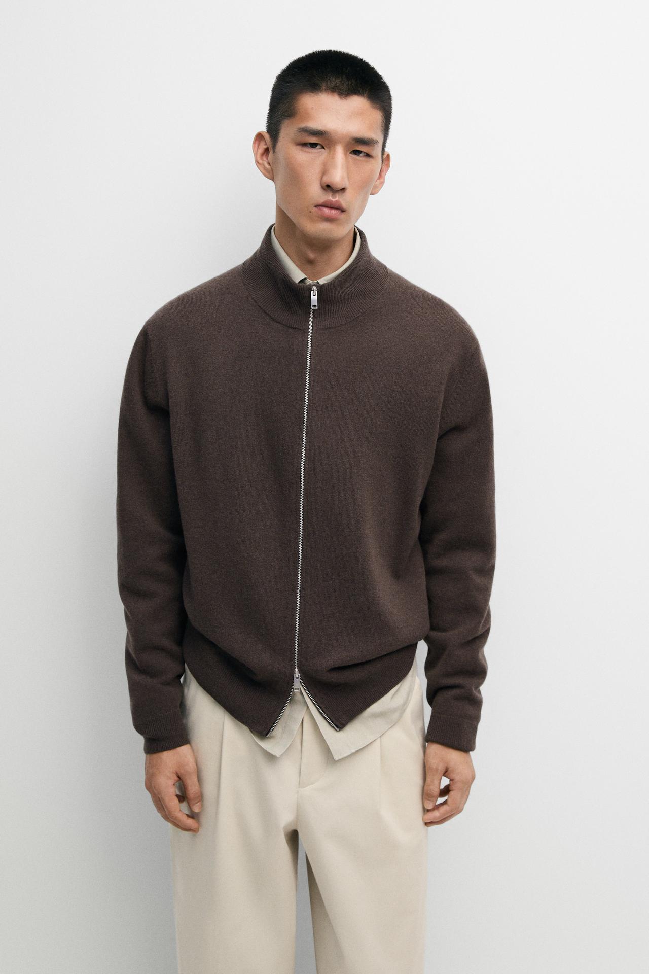 Wool blend zip-detail cardigan — BROWN