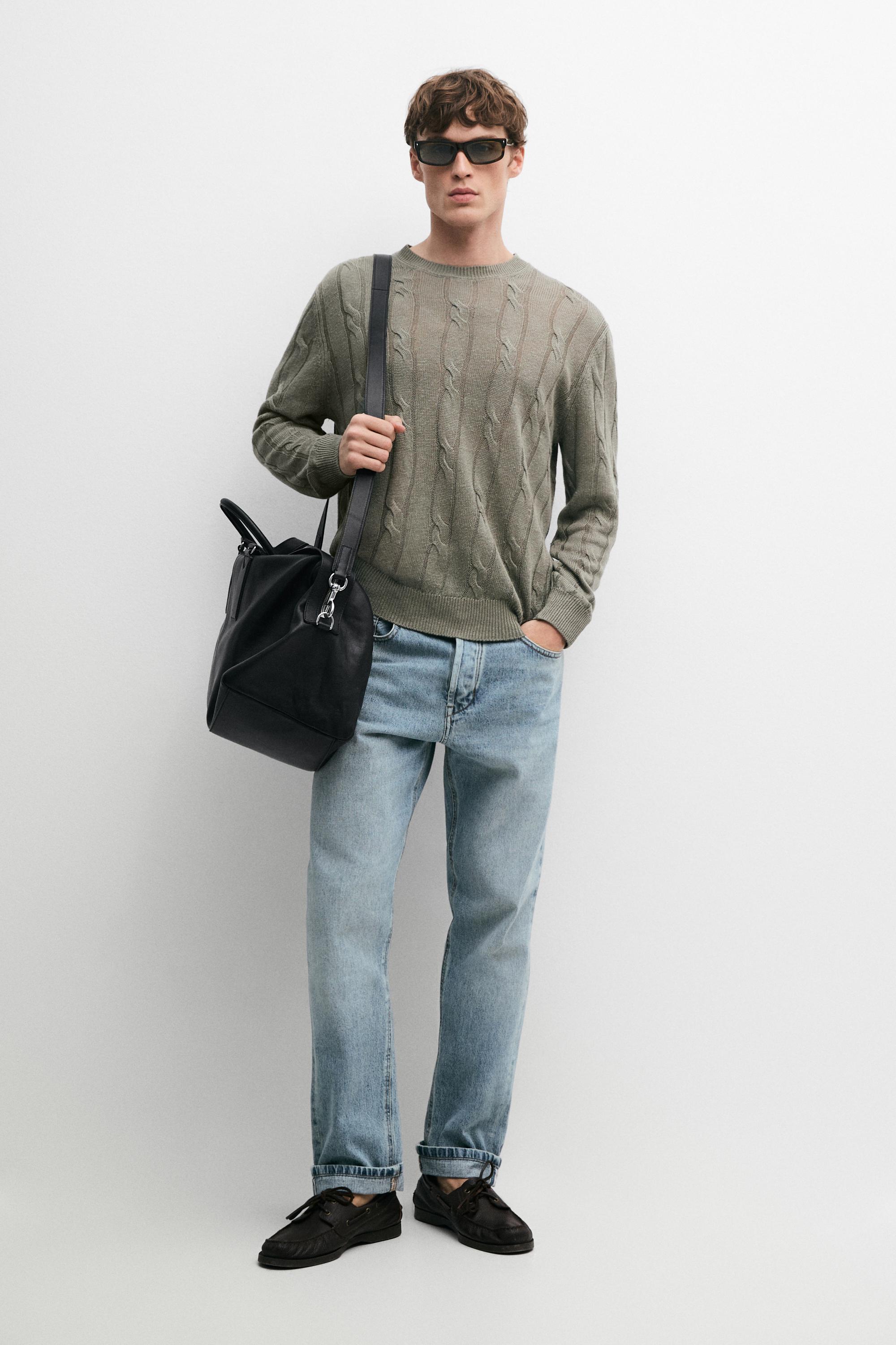 100% linen cable-knit sweater — PALE KHAKI