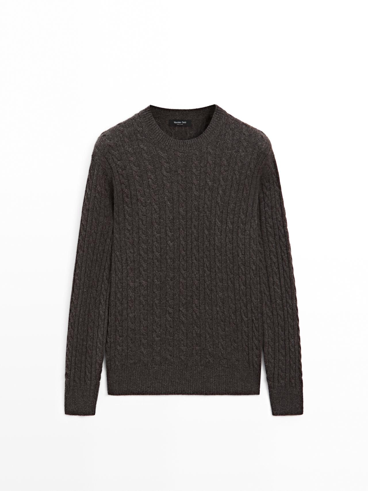 Massimo Dutti - Herre - Kabelstrikket Trøje Med Rund Hals - Brun - S