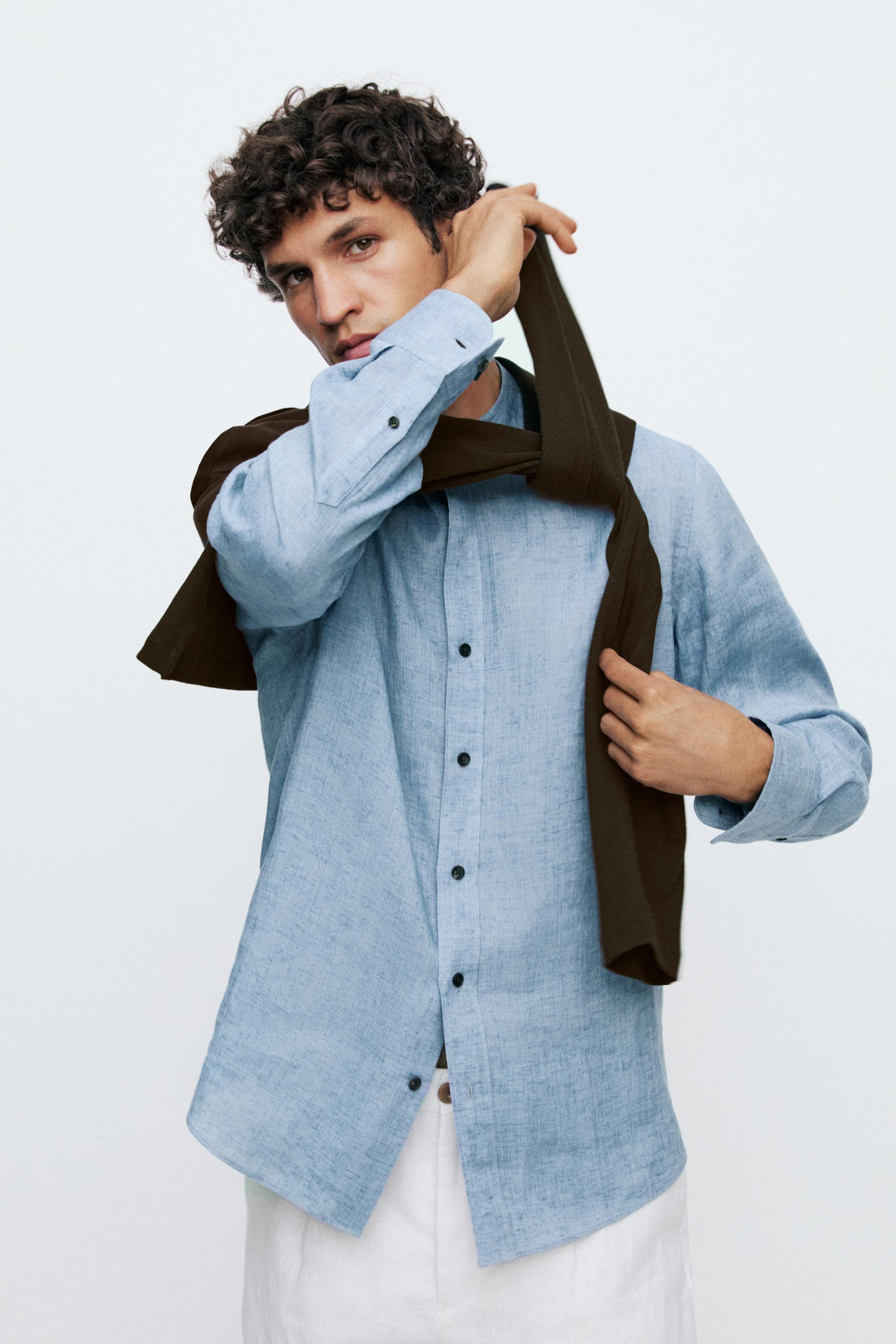 Regular fit contrast button 100% linen shirt — BLUE