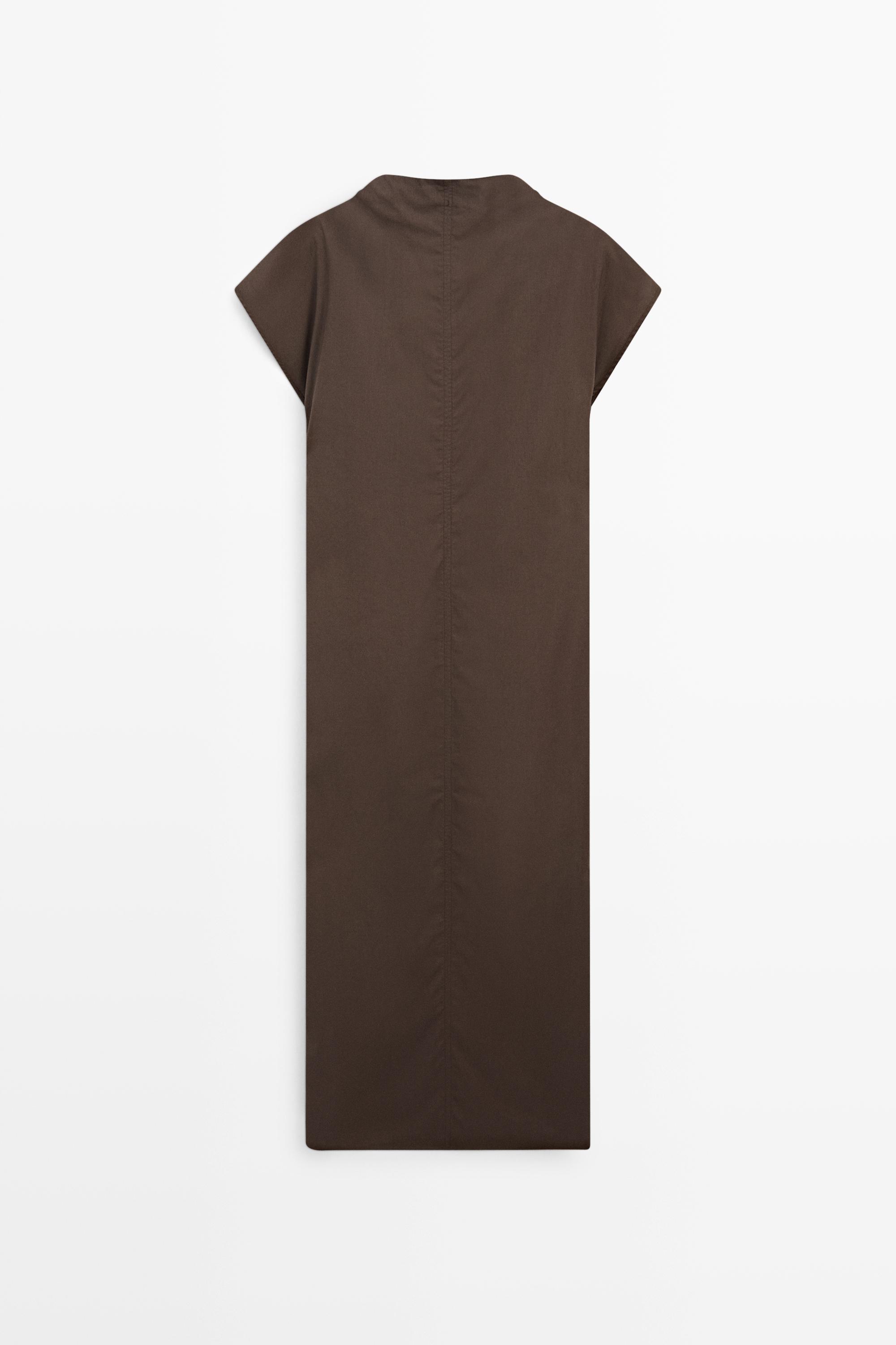 100% cotton draped poplin dress — BROWN