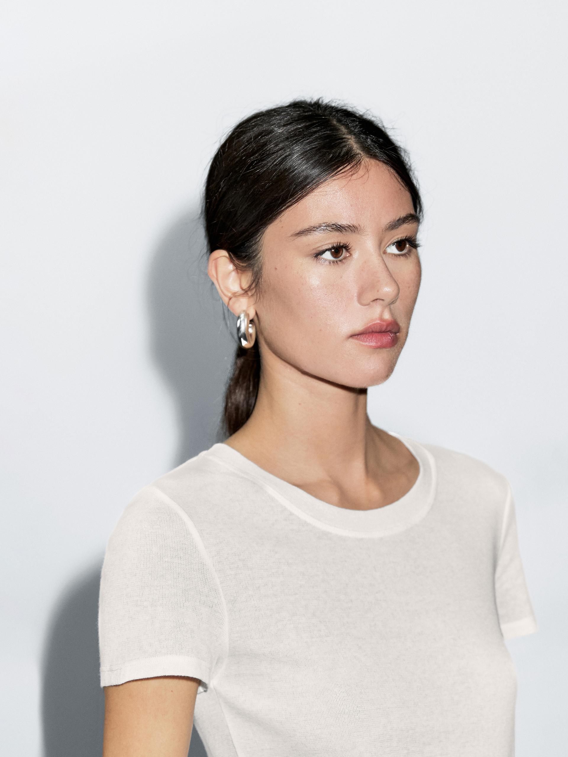 T-Shirt Com Textura E Efeito De Crepe Em Algodão - Cru - Xs - Massimo Dutti - Mulher