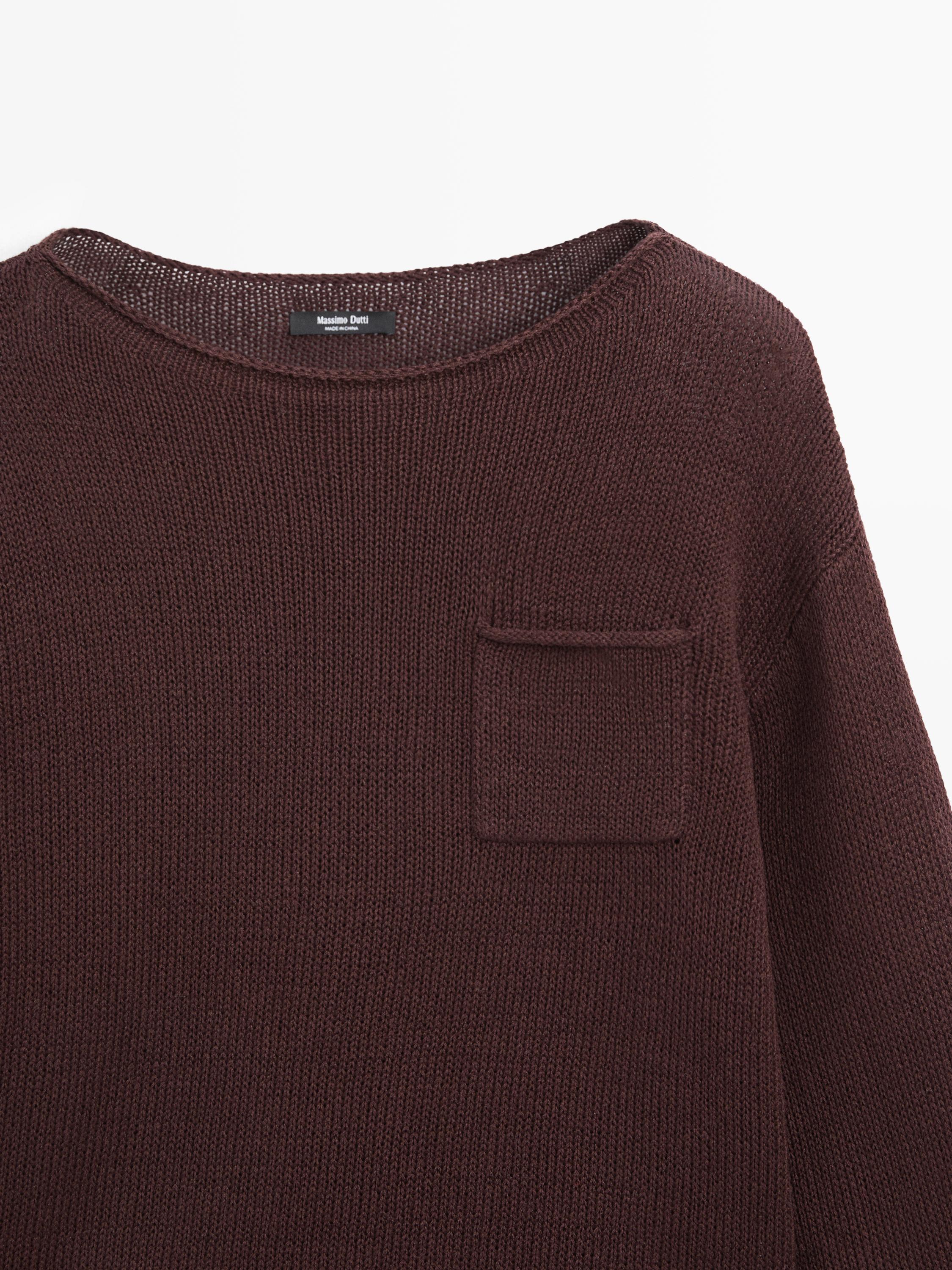 Cotton and linen knit sweater with pocket detail — BROWN