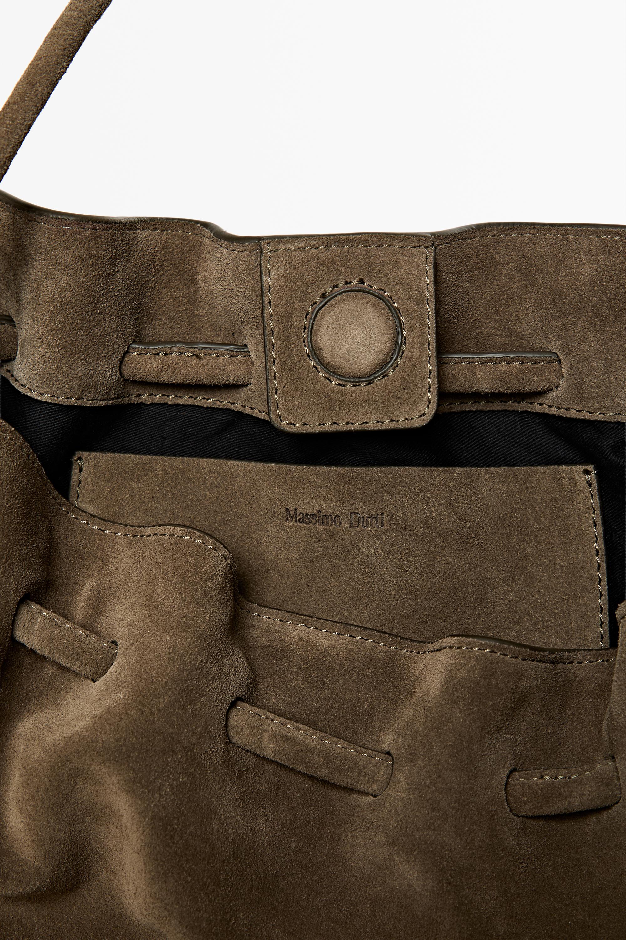 Ruched split suede leather bag — MOLE BROWN