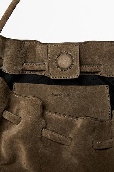 Medium gathered split suede leather bag — MOLE BROWN 6
