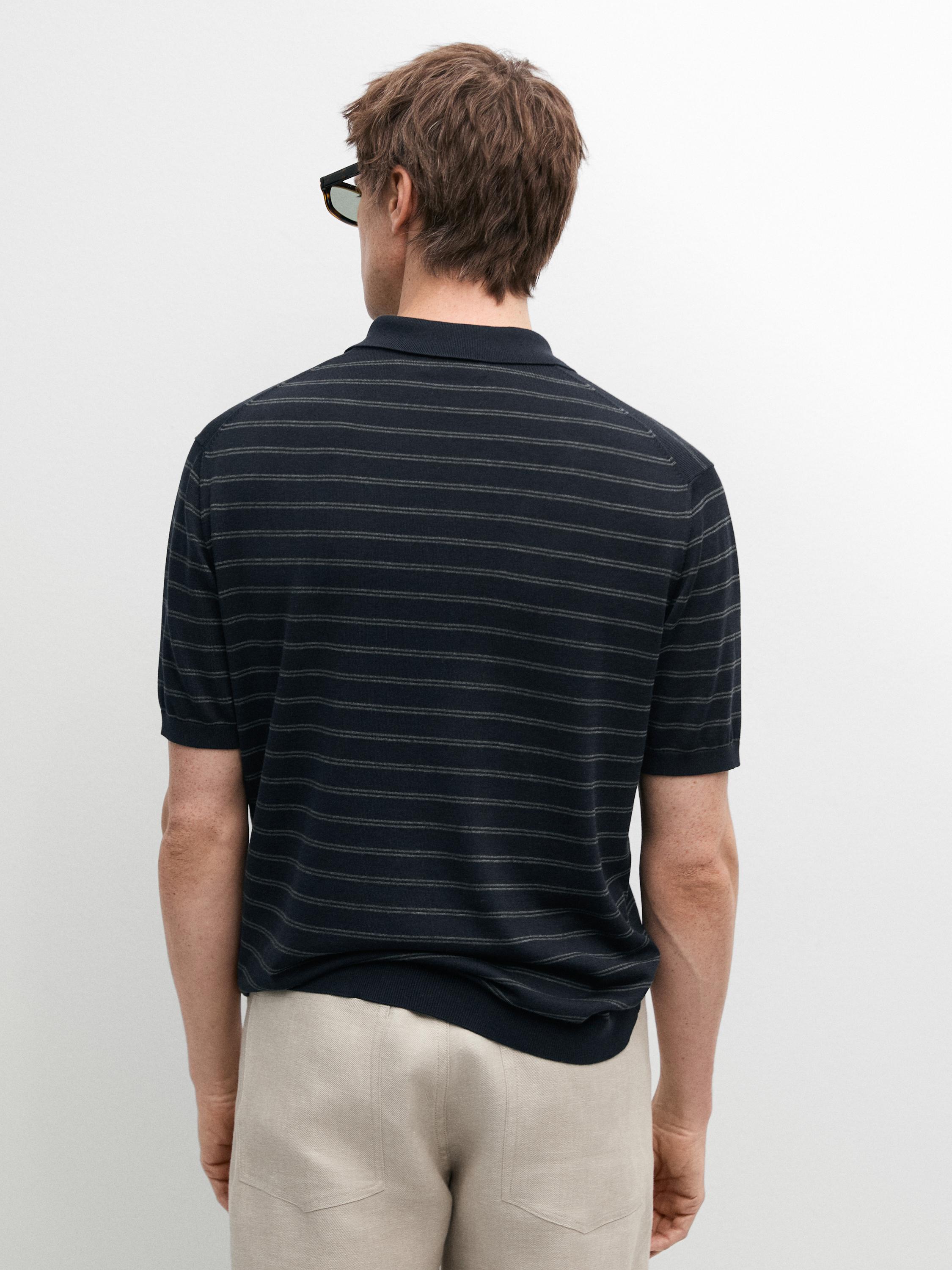 Cotton blend knit polo shirt with striped detail — NAVY BLUE