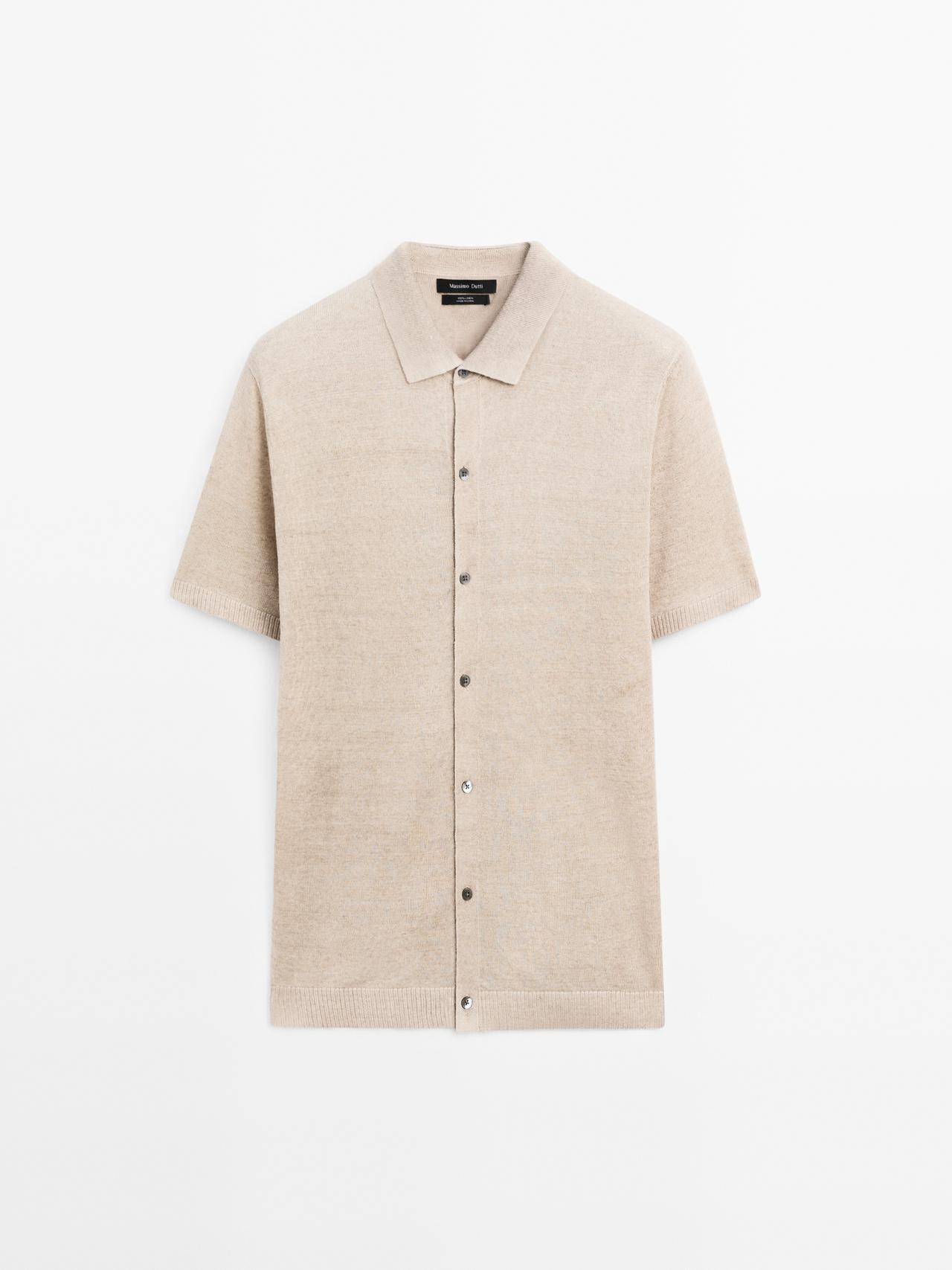 Massimo Dutti - Herre - Strikket Cardigan I 100 % Hør Med Polokrave - Beige - M
